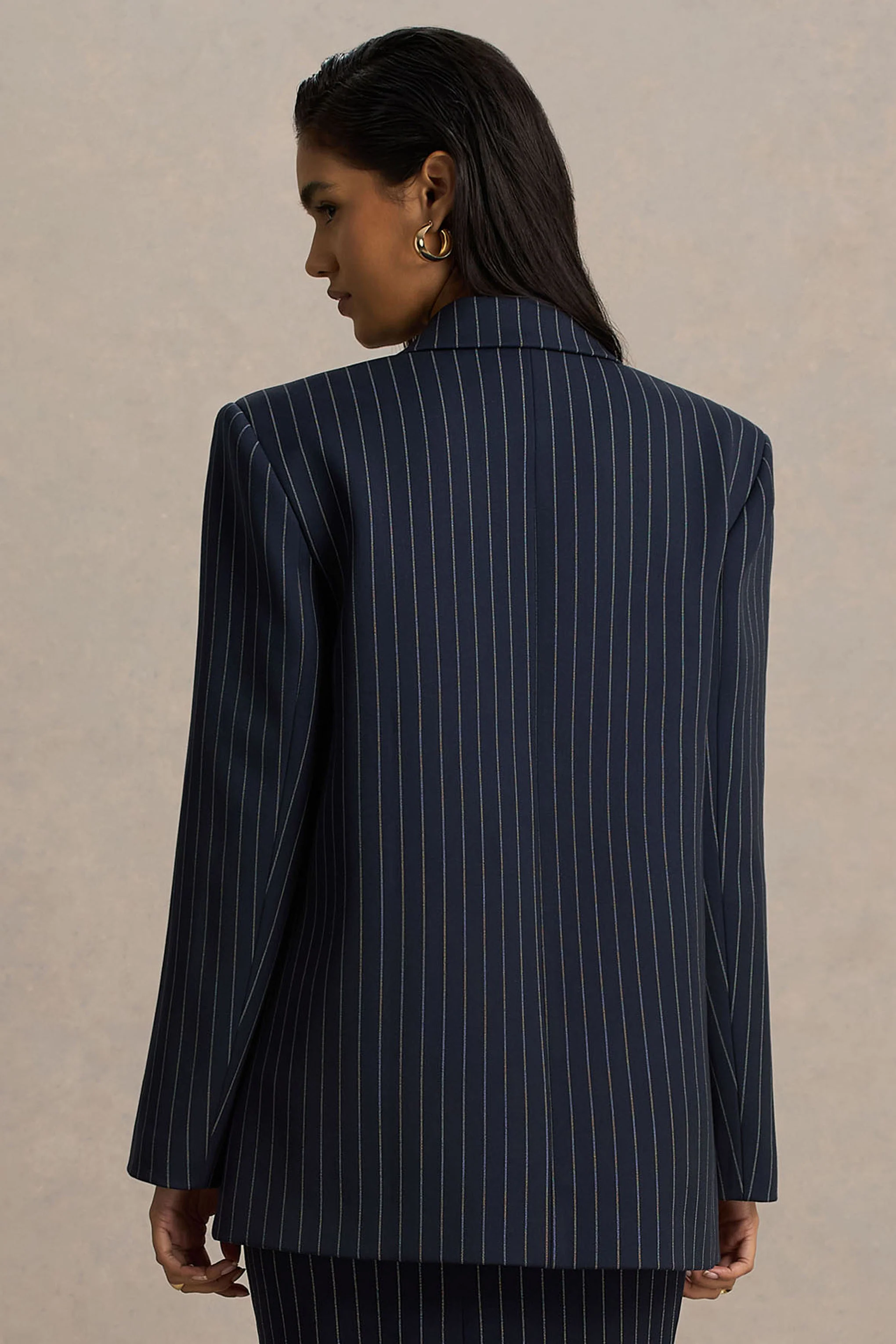 Alana | Navy Pinstripe Plunge-Neck Tailored Blazer