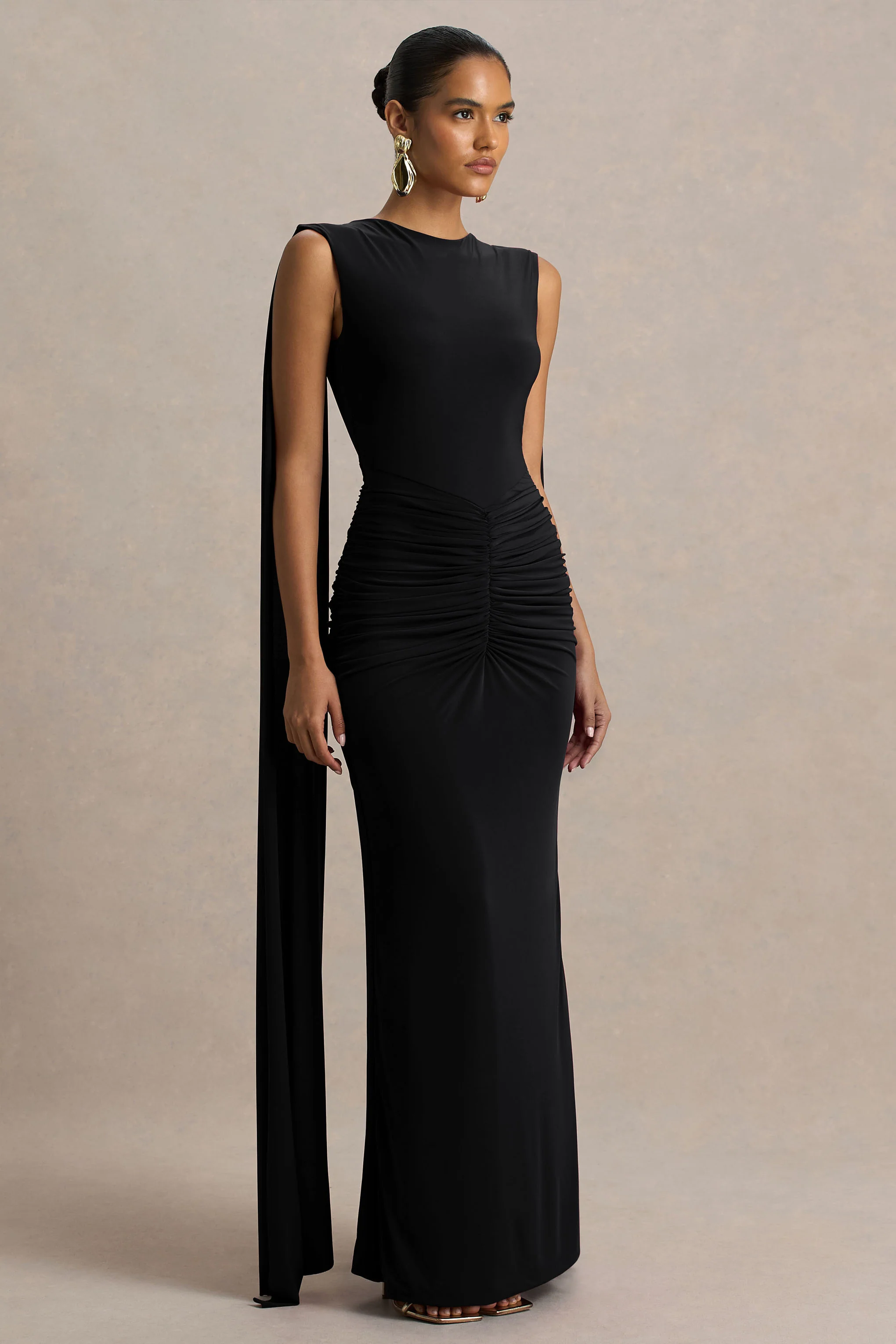 Premiere | Black Boat-Neck Maxi Dress With Open-Back And Cape-Sleeves