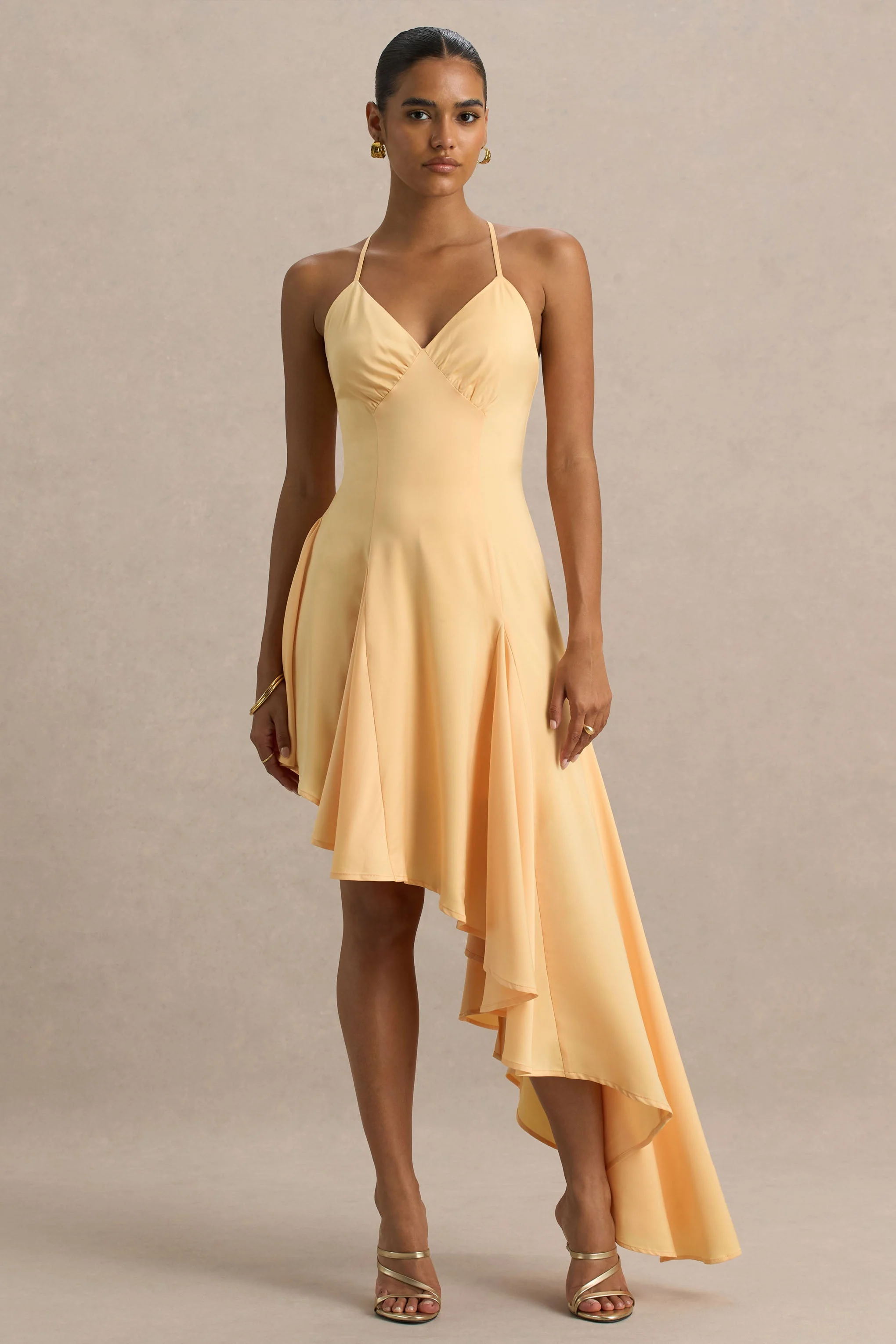 Glint | Peach Satin Plunge-Neck Maxi Dress With Asymmetric Hem