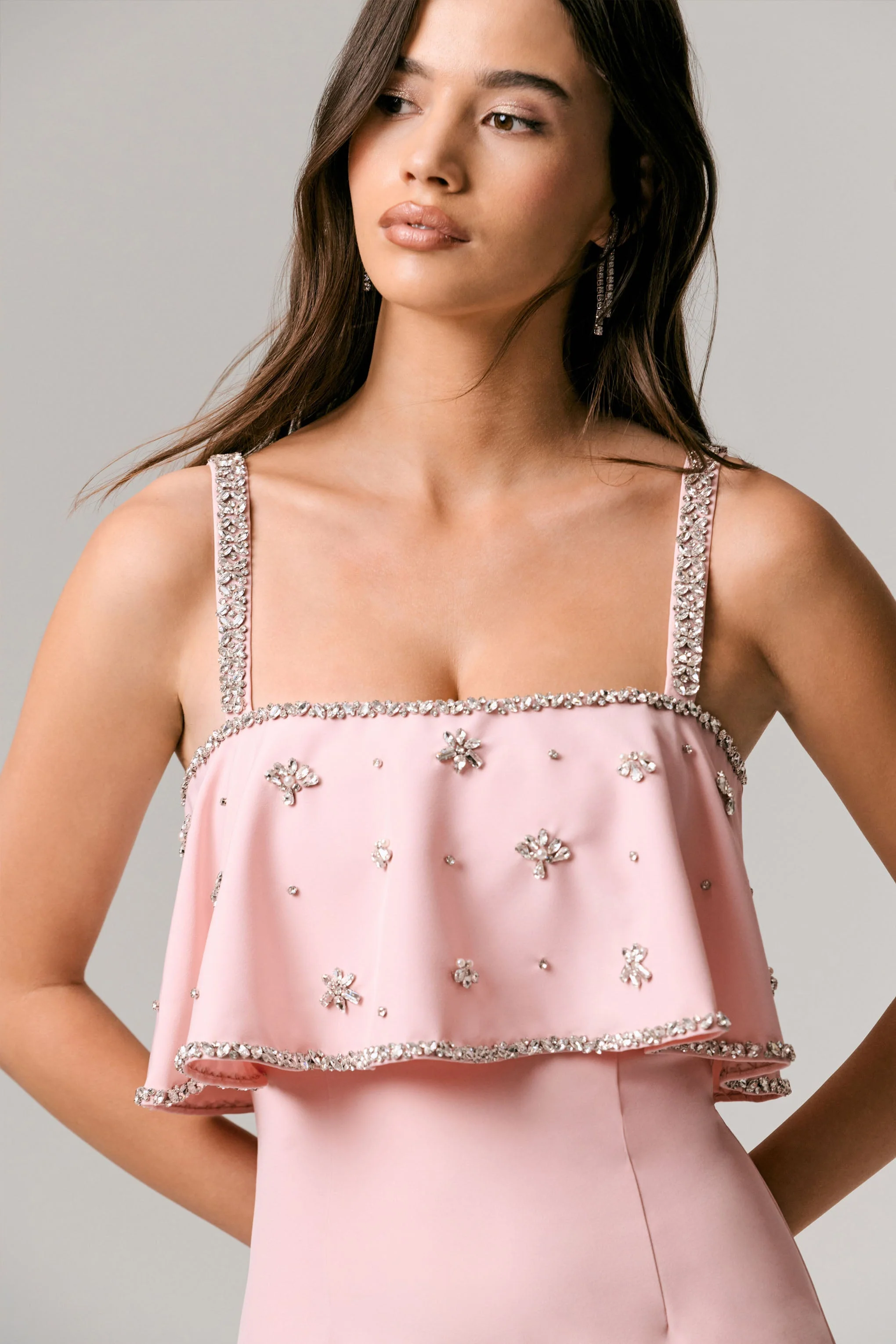 Scarlet | Pale Pink Square-Neck Embellished Maxi Dress