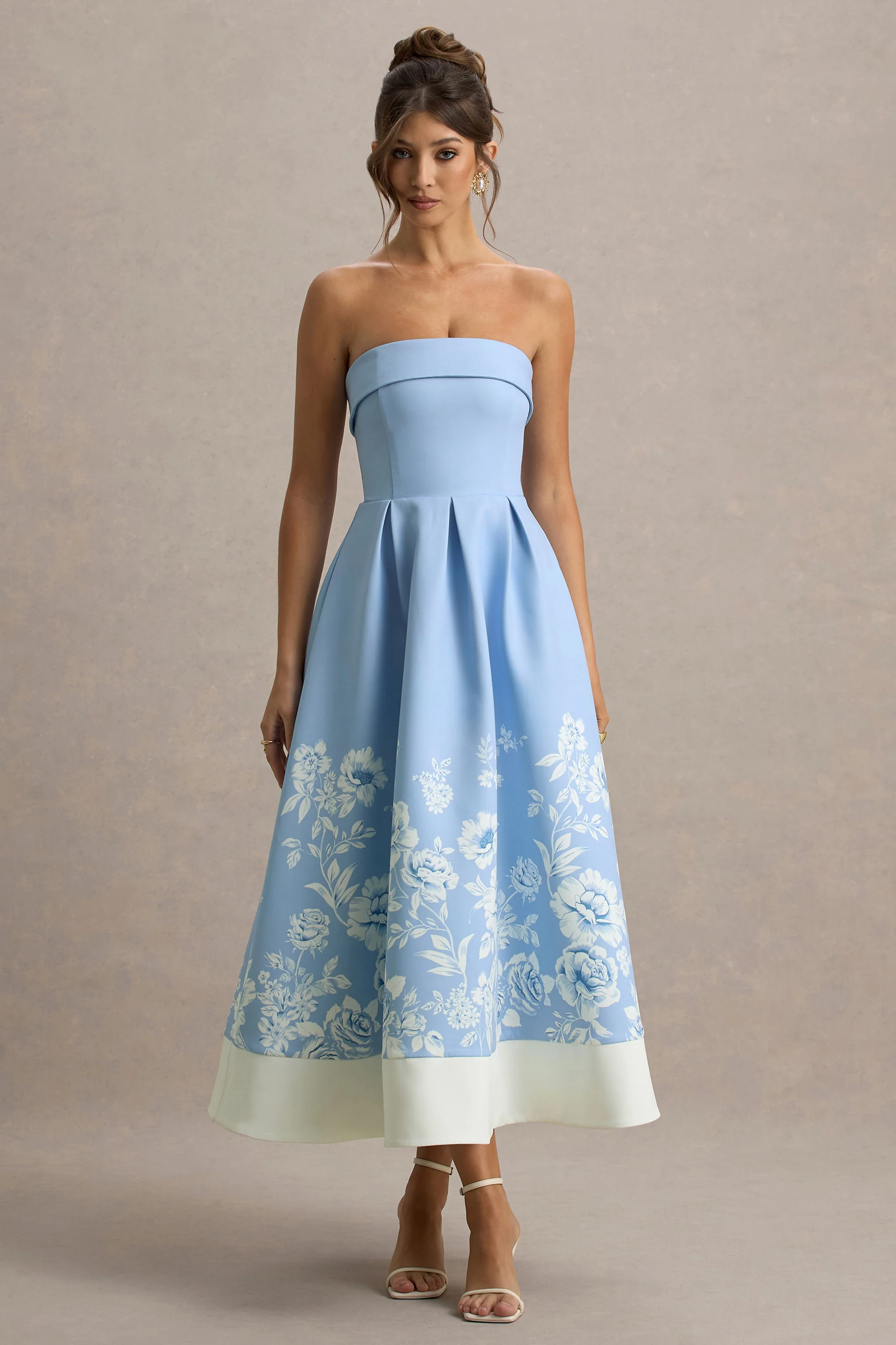 Annalise | Light Blue Floral Print Bandeau Skater Midi Dress