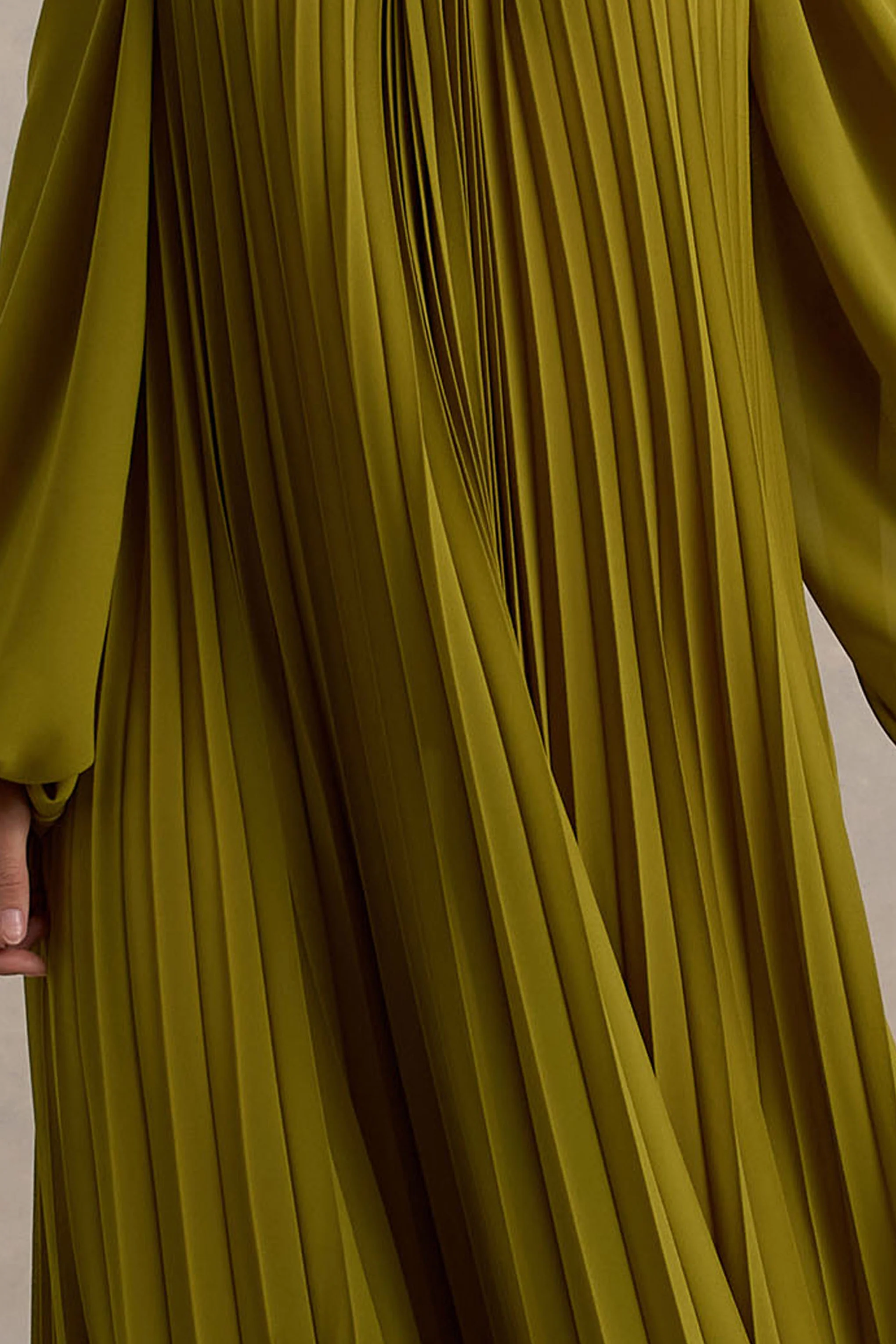 Reyna | Olive Pleated Chiffon Cold-Shoulder Maxi Dress