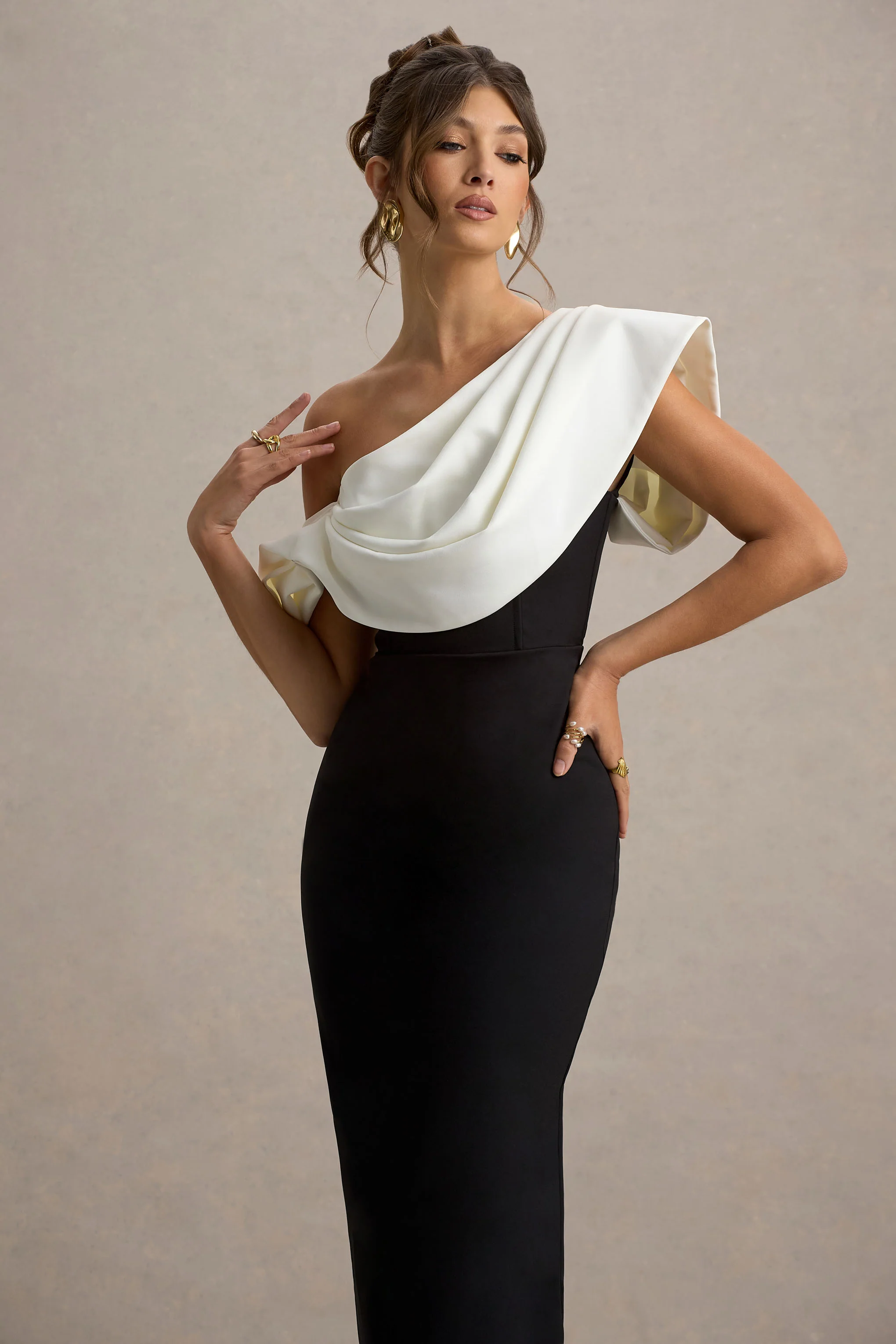 Angelina | Black & White Draped Shoulder Maxi Dress