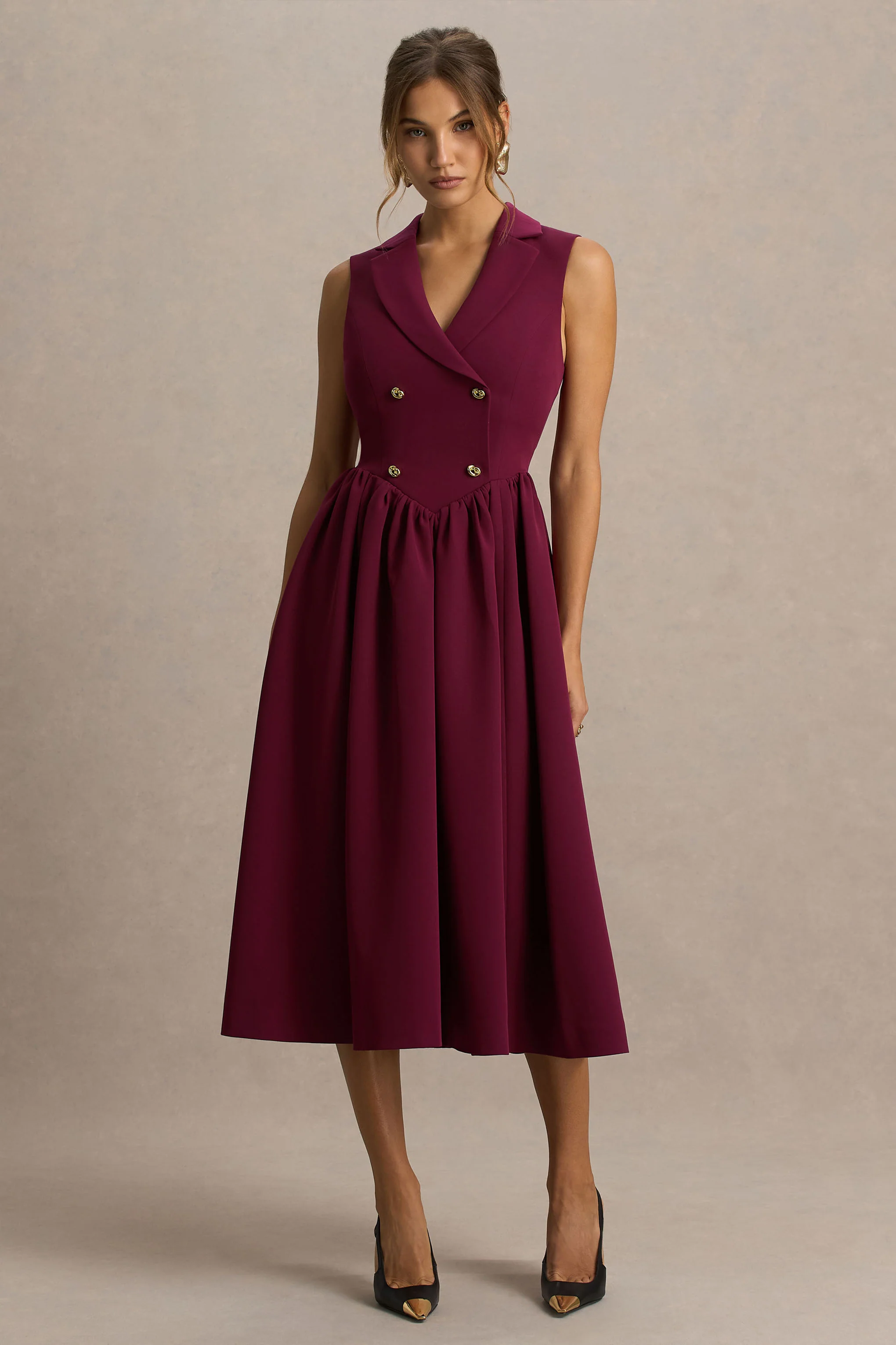 Lisa | Burgundy Plunge-Neck Tailored Midi Dress