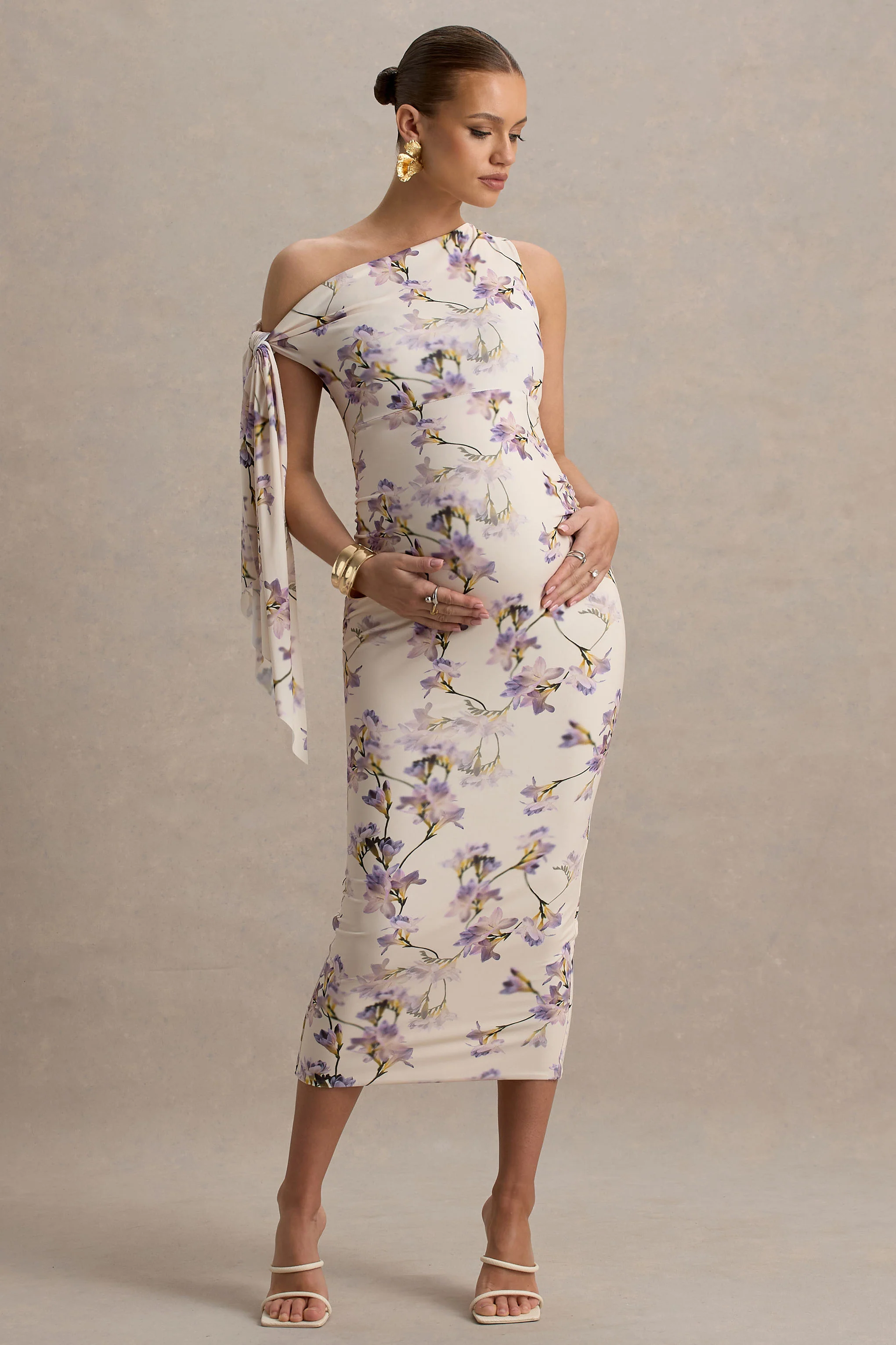 Katarine | Peach Floral Print Asymmetric Knot Maternity Midi Dress