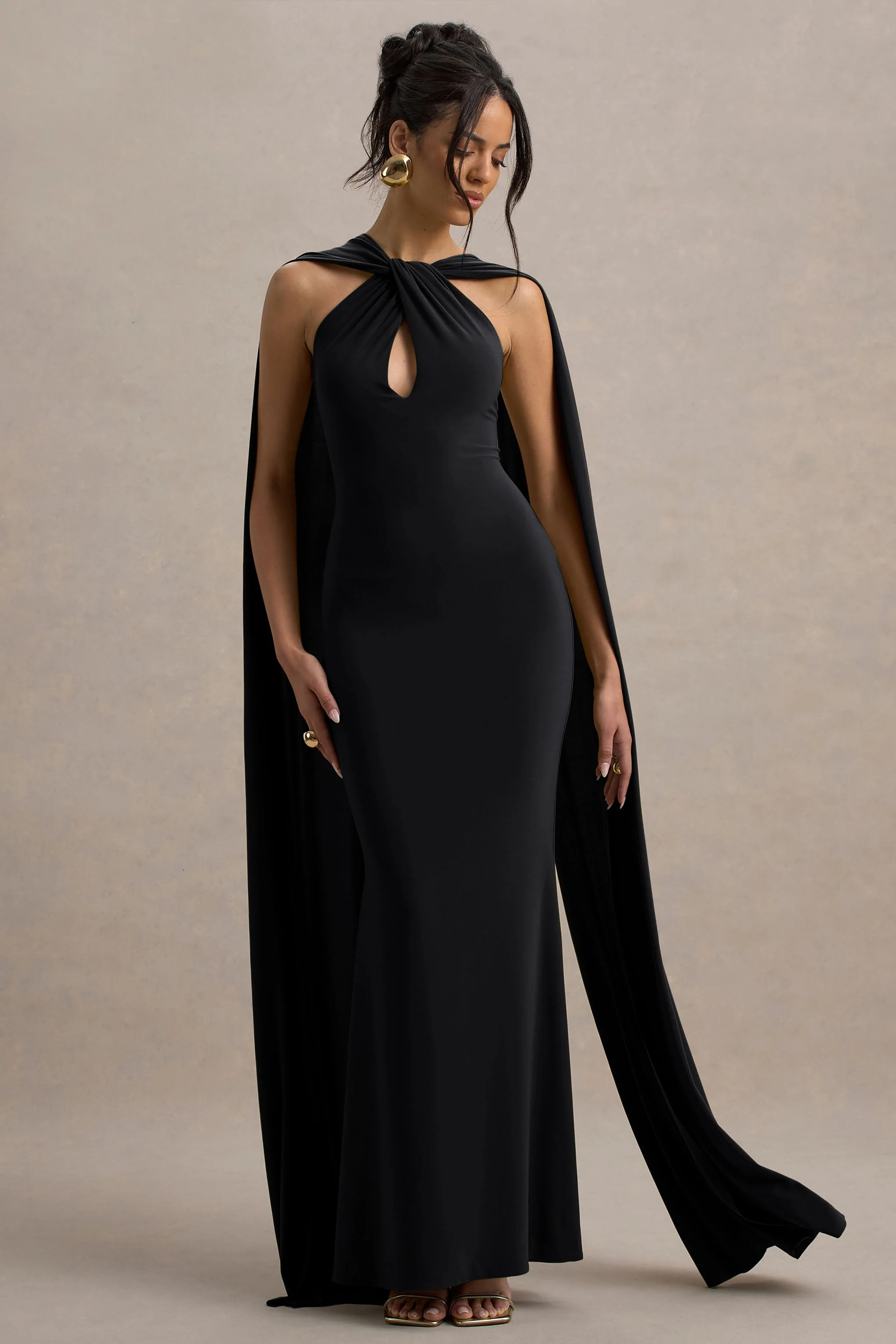 Rhoda | Black Twist Halter-Neck Cape Maxi Dress