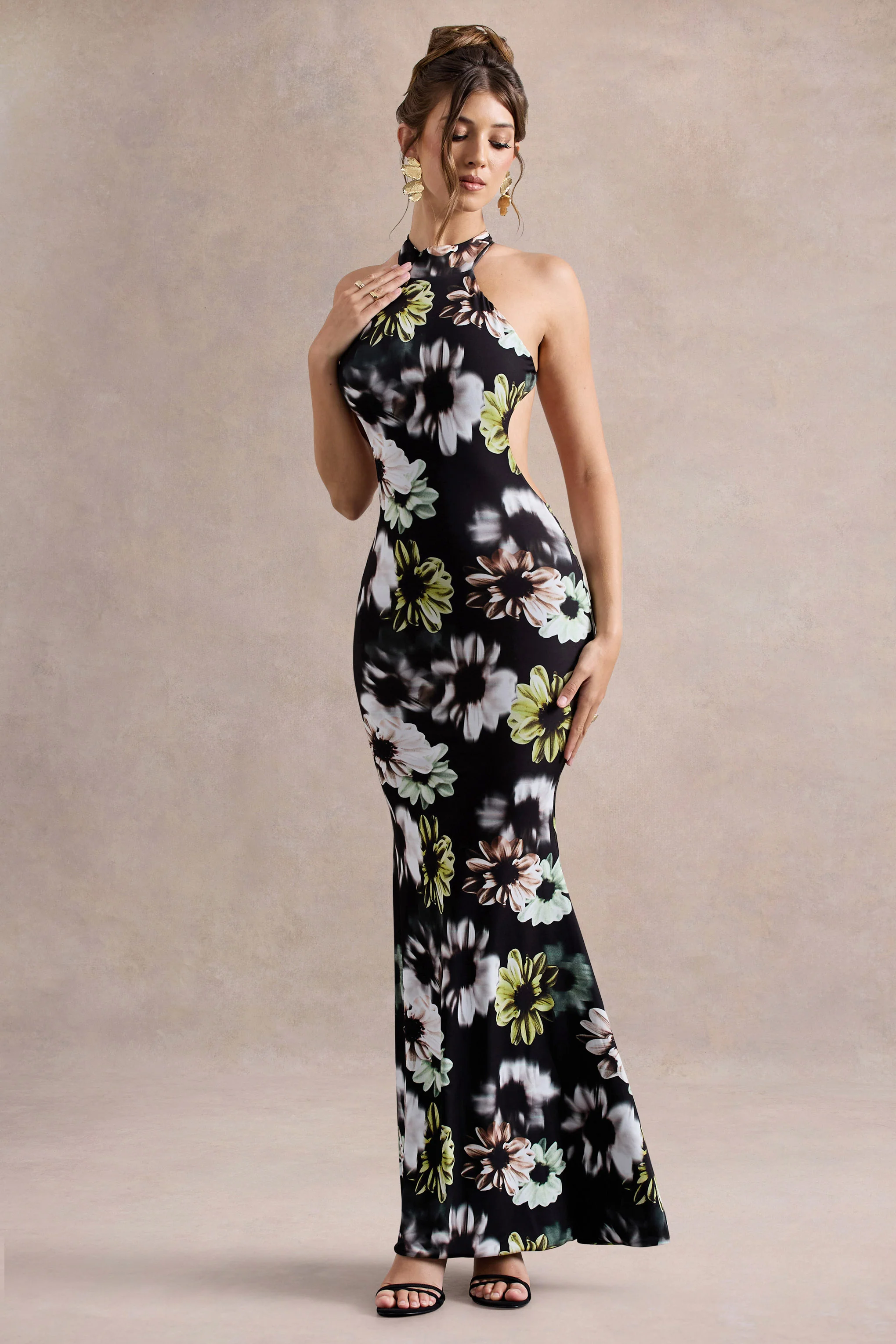 Tuscany | Black Floral Print Halter-Neck Split Maxi Dress