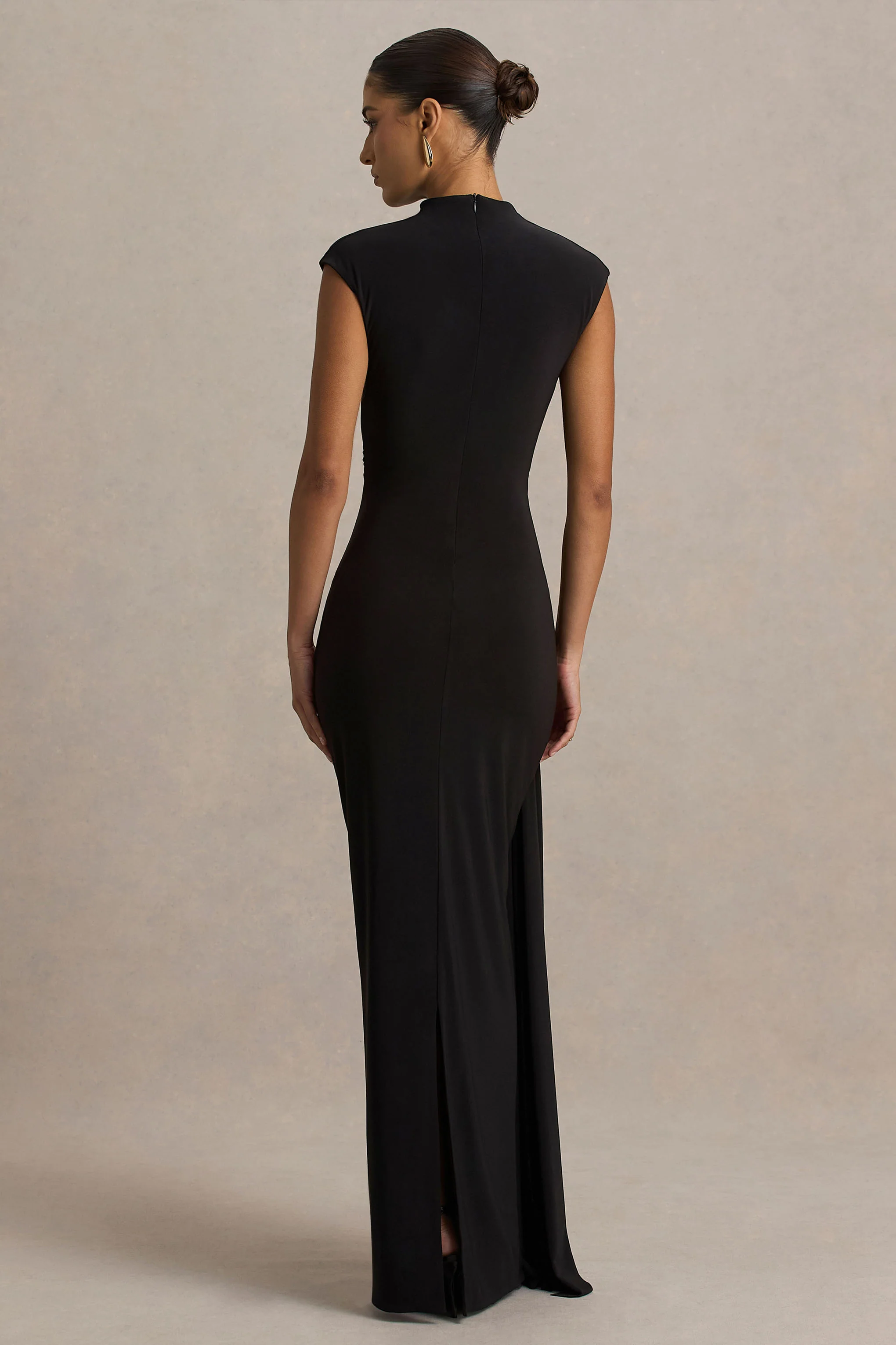 Solene | Black High-Neck Maxi Dress With Wrap And Drape Detail