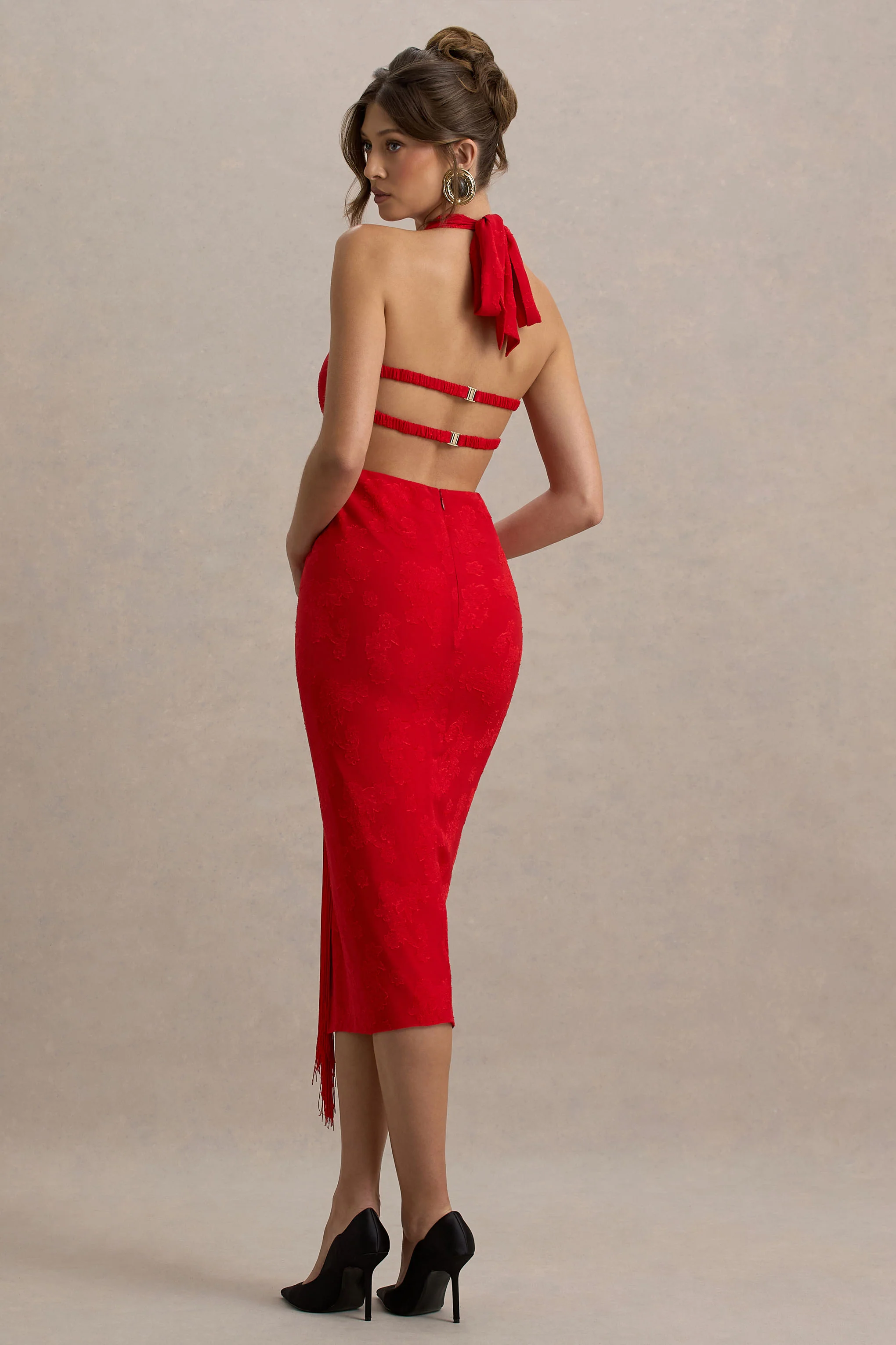 Auria | Red Satin Devore Plunge-Neck Midi Dress With Fringe Details