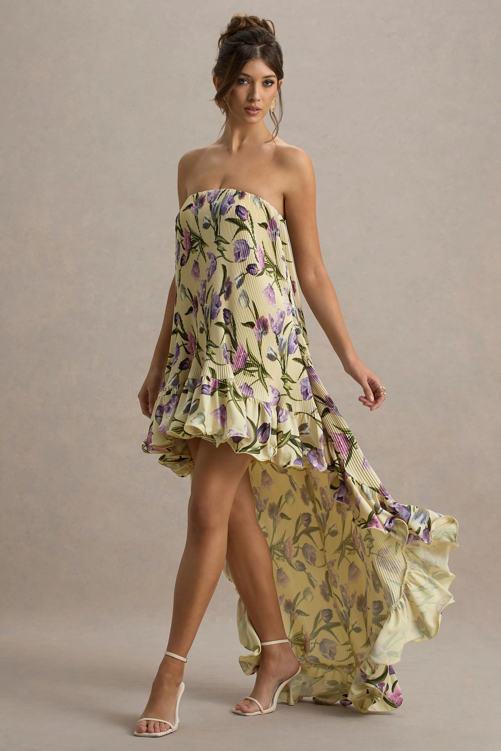 Whistler | Tulip Floral Print Chiffon Bandeau High-Low Ruffled Maxi Dress