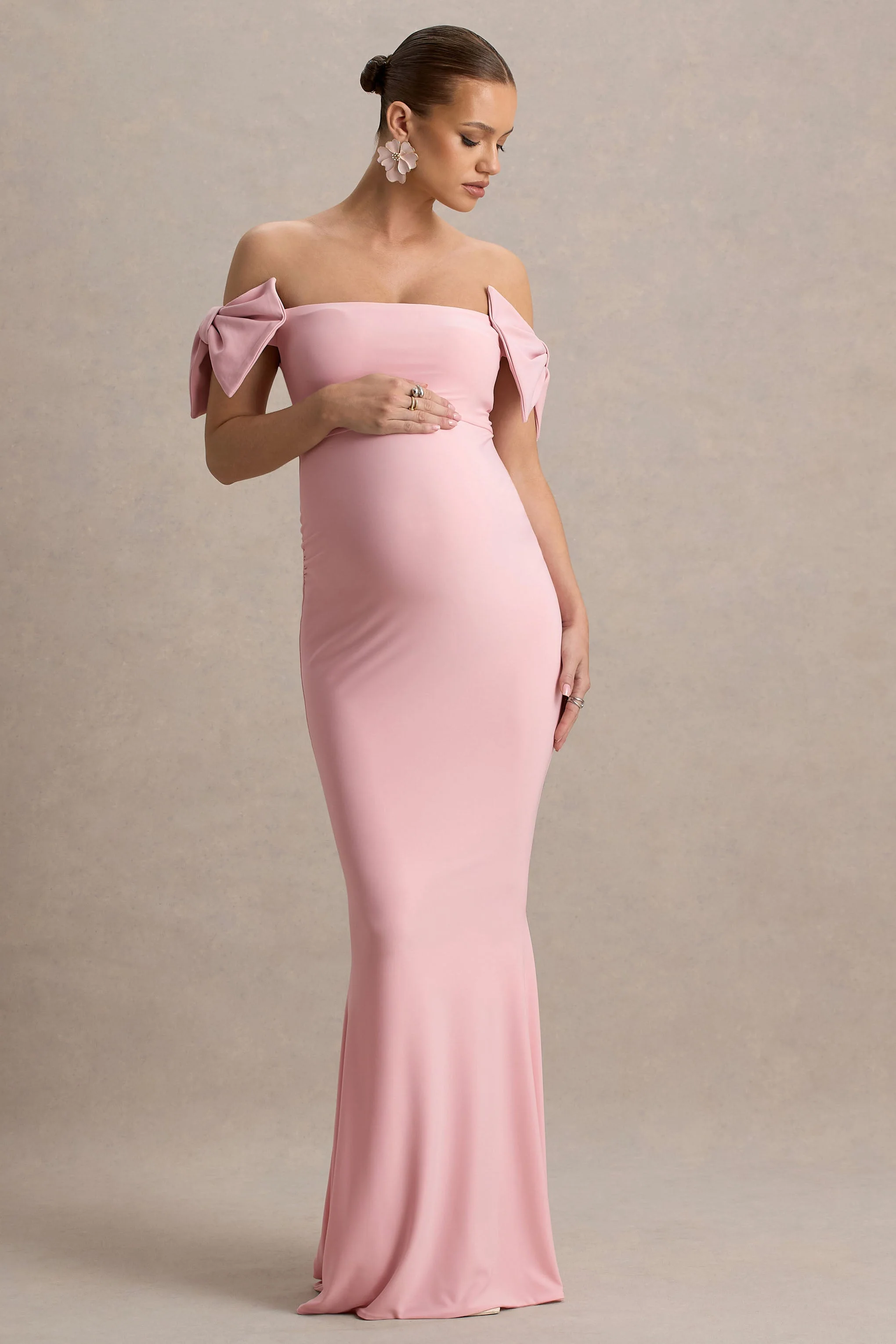 Didi | Pink Bardot Bow Detail Maternity Maxi Dress