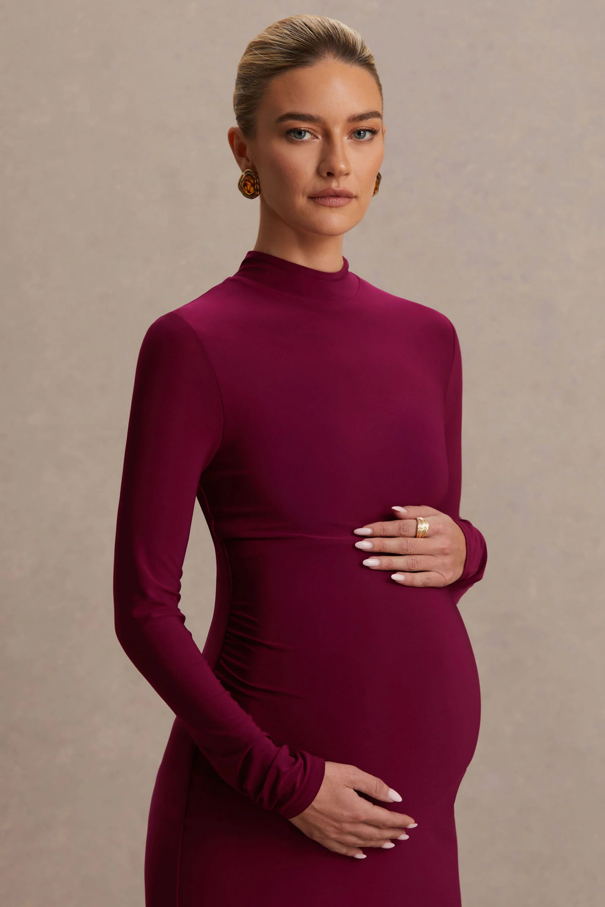 Alejandra | Burgundy Maternity Long Sleeve High Neck Maxi Dress