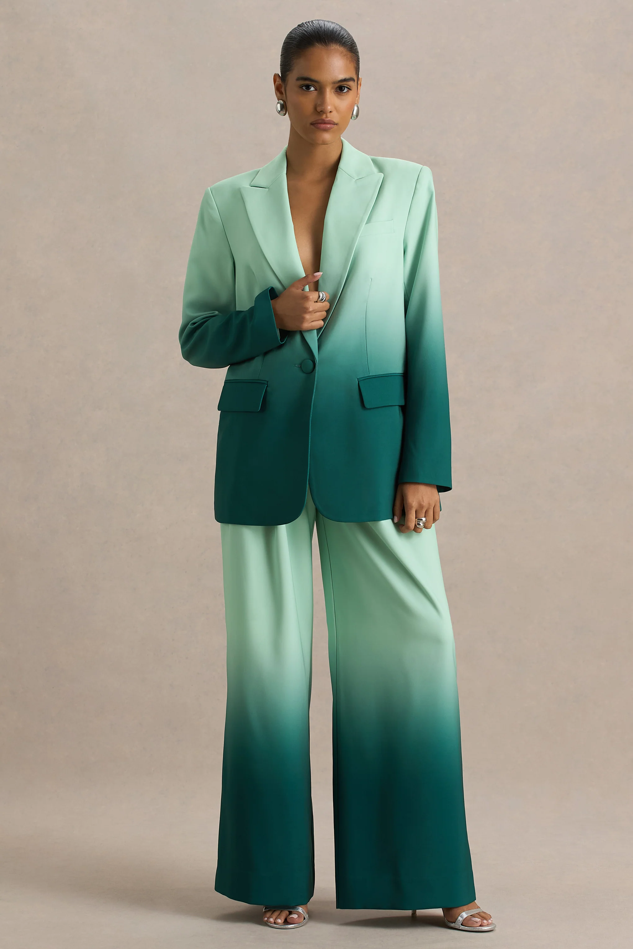 Enya | Emerald Ombre Plunge-Neck Satin Blazer