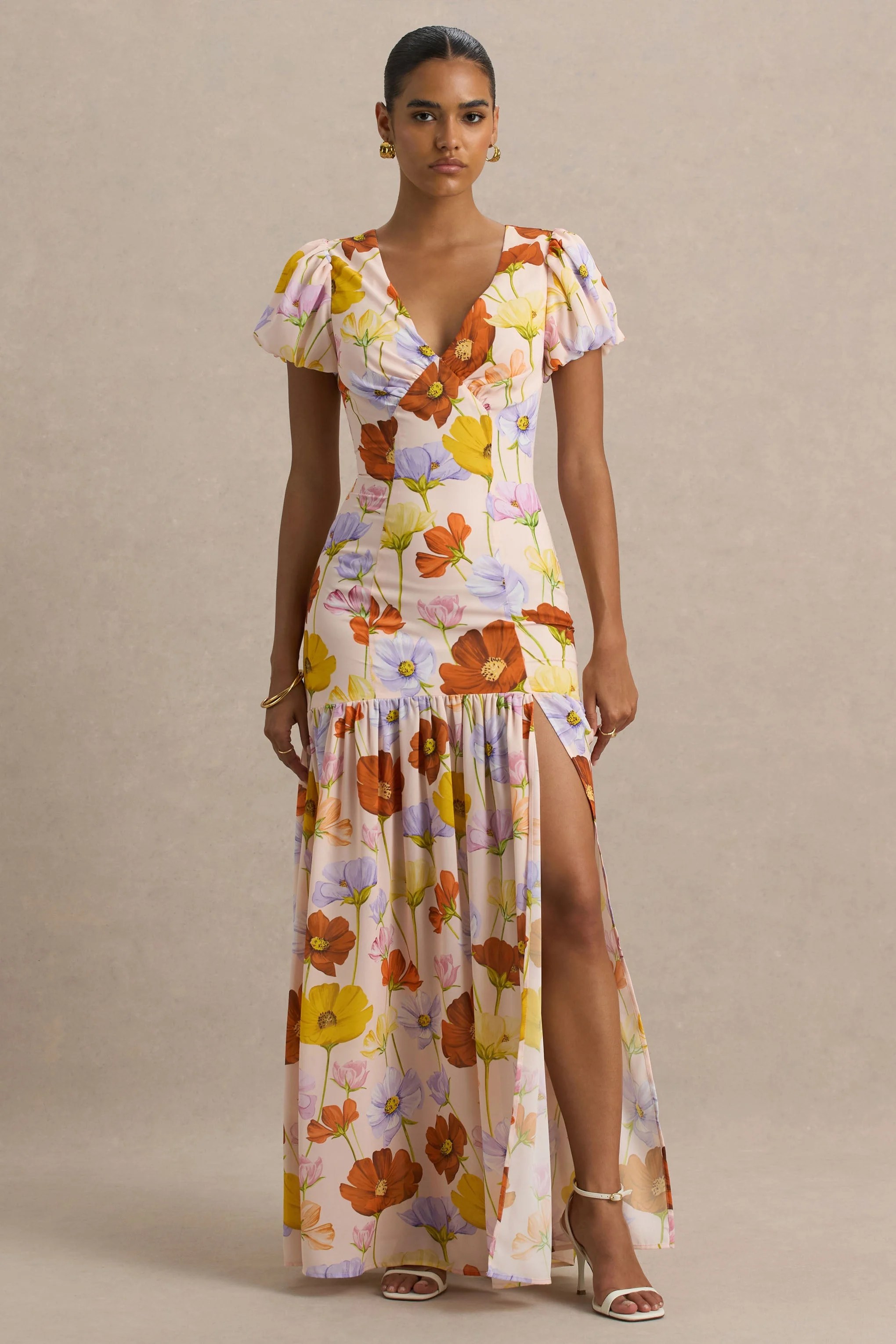 Ginny | Bright Floral Print Puff-Sleeve Split Maxi Dress