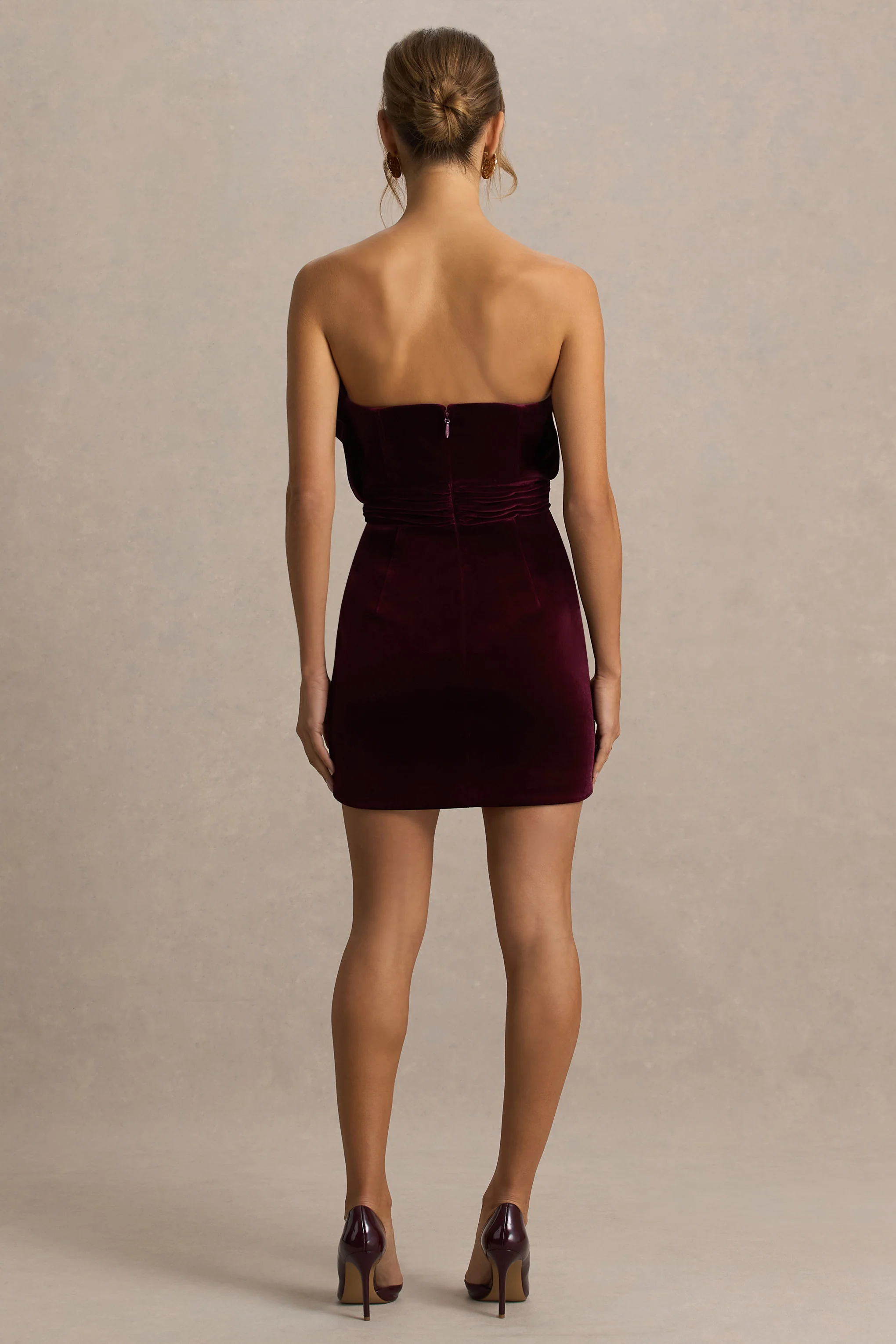 Polly | Burgundy Velvet Ruffled Strapless Mini Dress