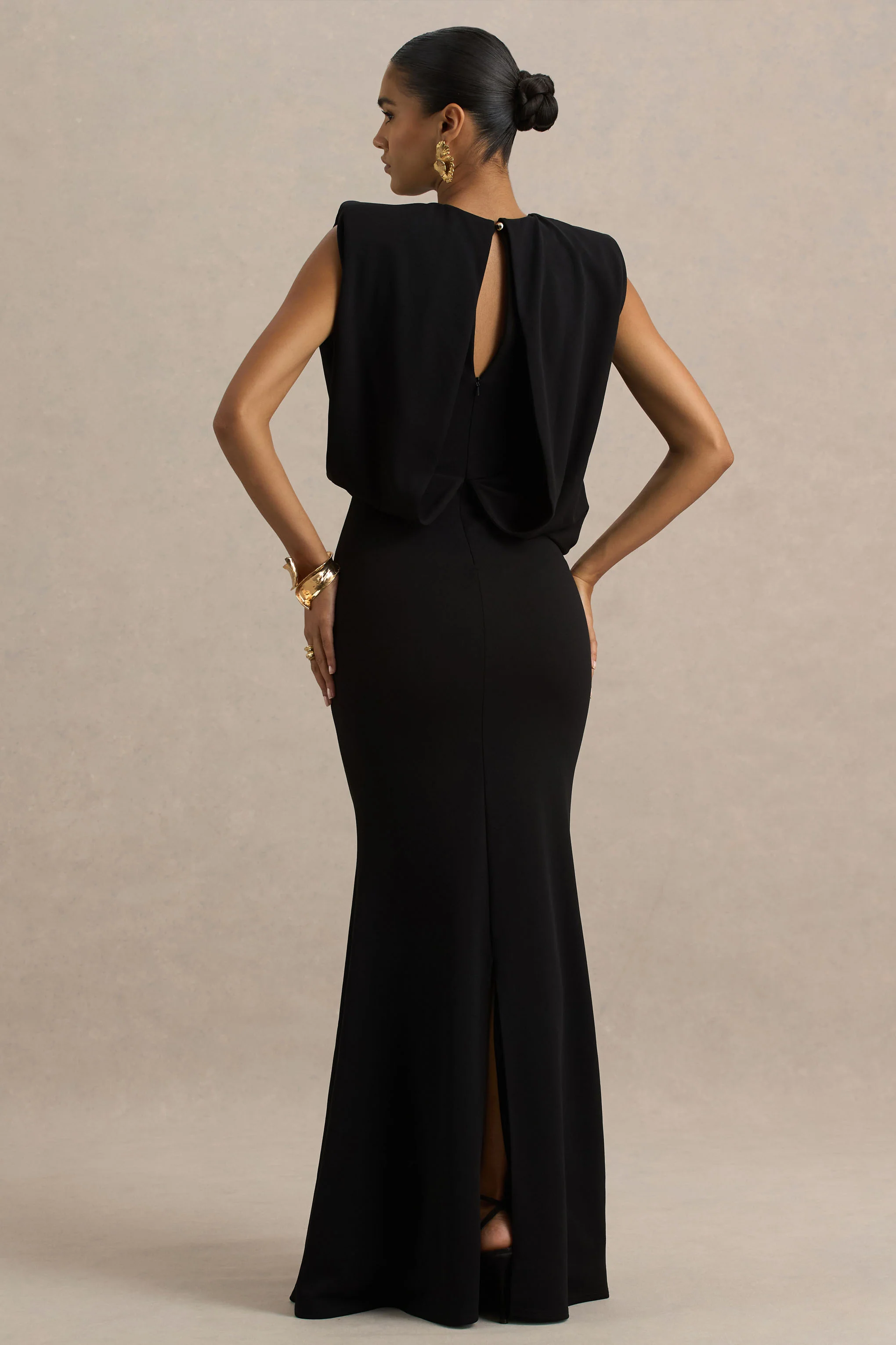 Meave | Black High Neck Maxi Dress With Draping Detail