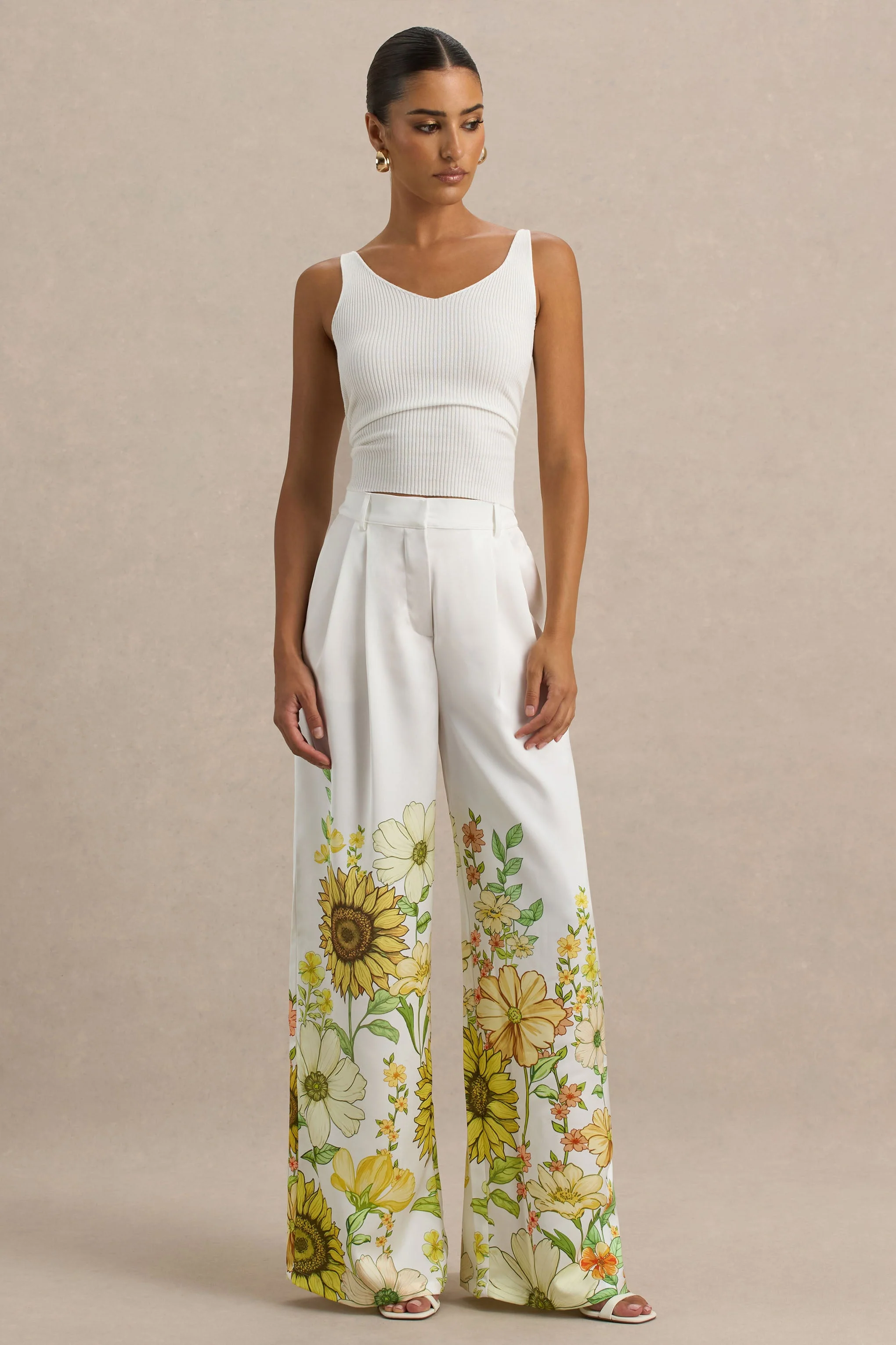 Louise | Sunflower Print Wide-Leg Trousers