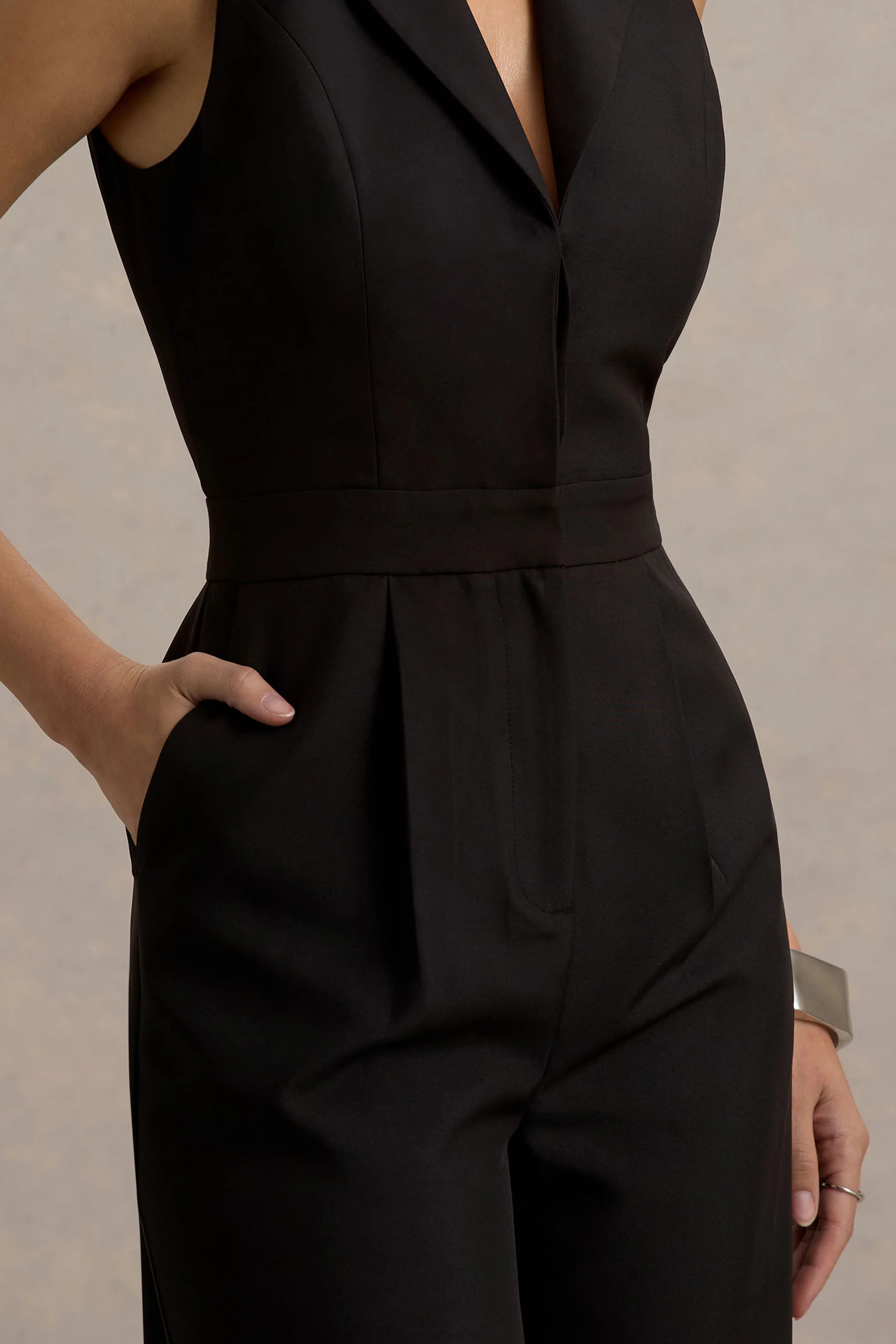 Trixie | Black Plunge-Neck Tailored Jumpsuit