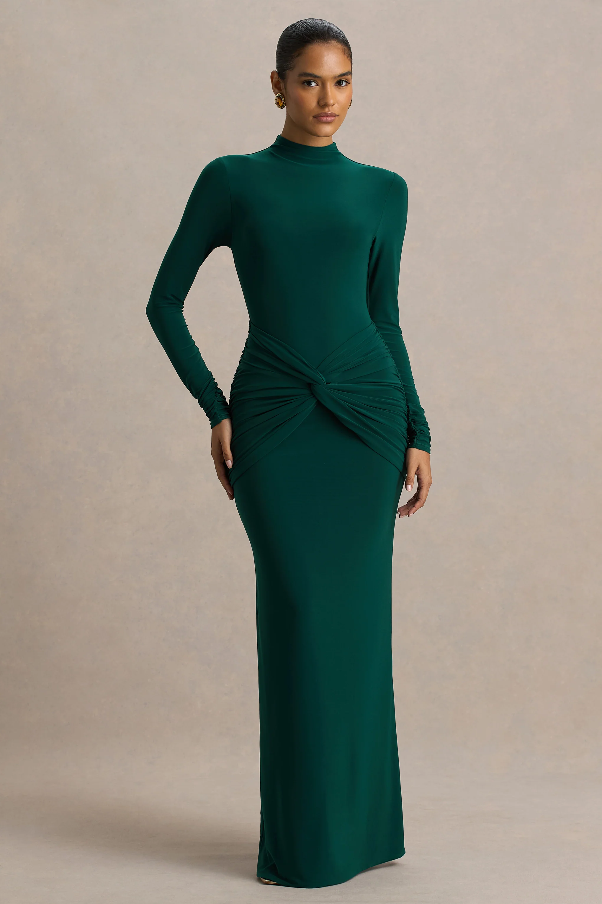 Alula | Bottle Green High-Neck Maxi Dress With Twist Detail