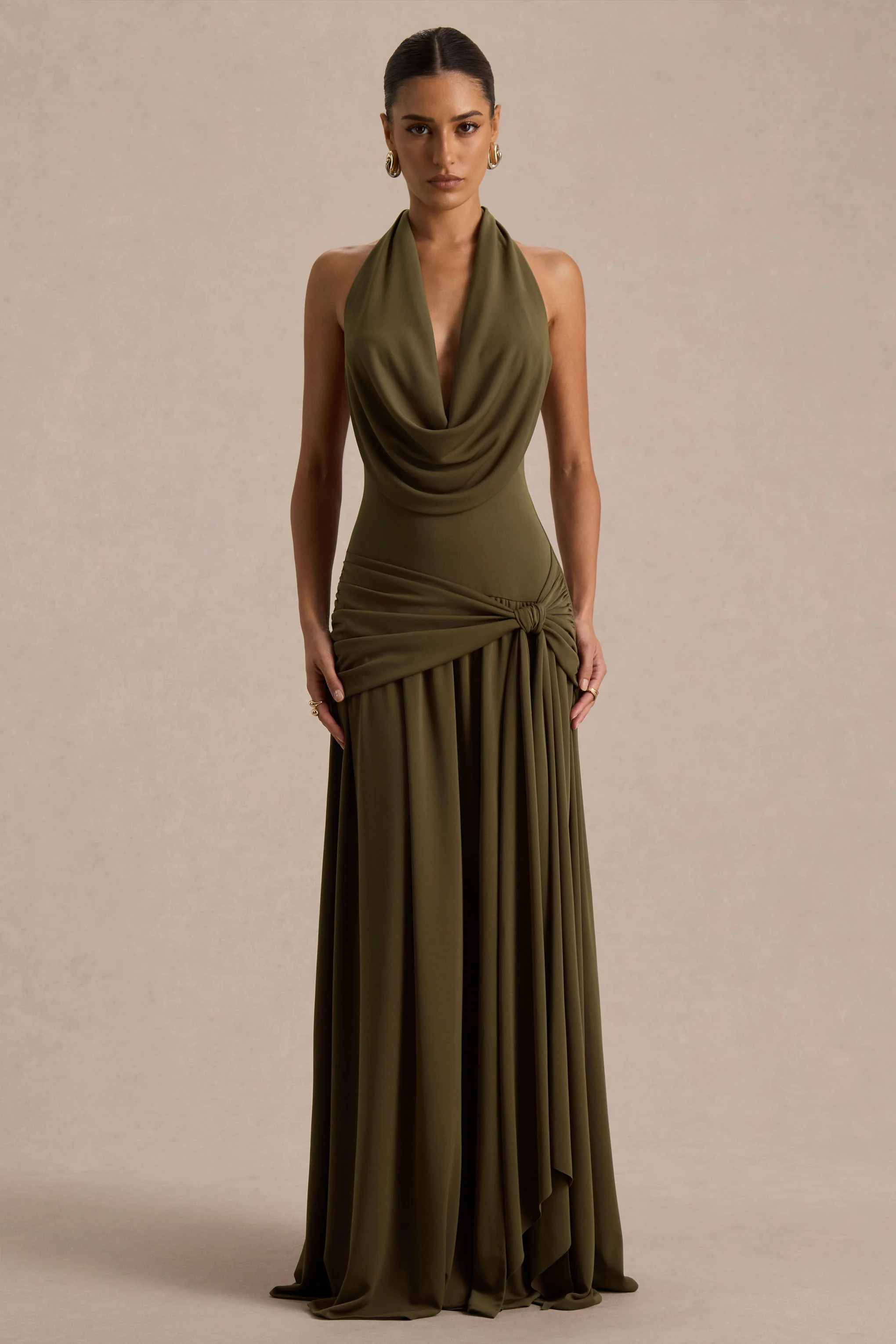 Mist | Olive Plunge-Neck Split Maxi Dress