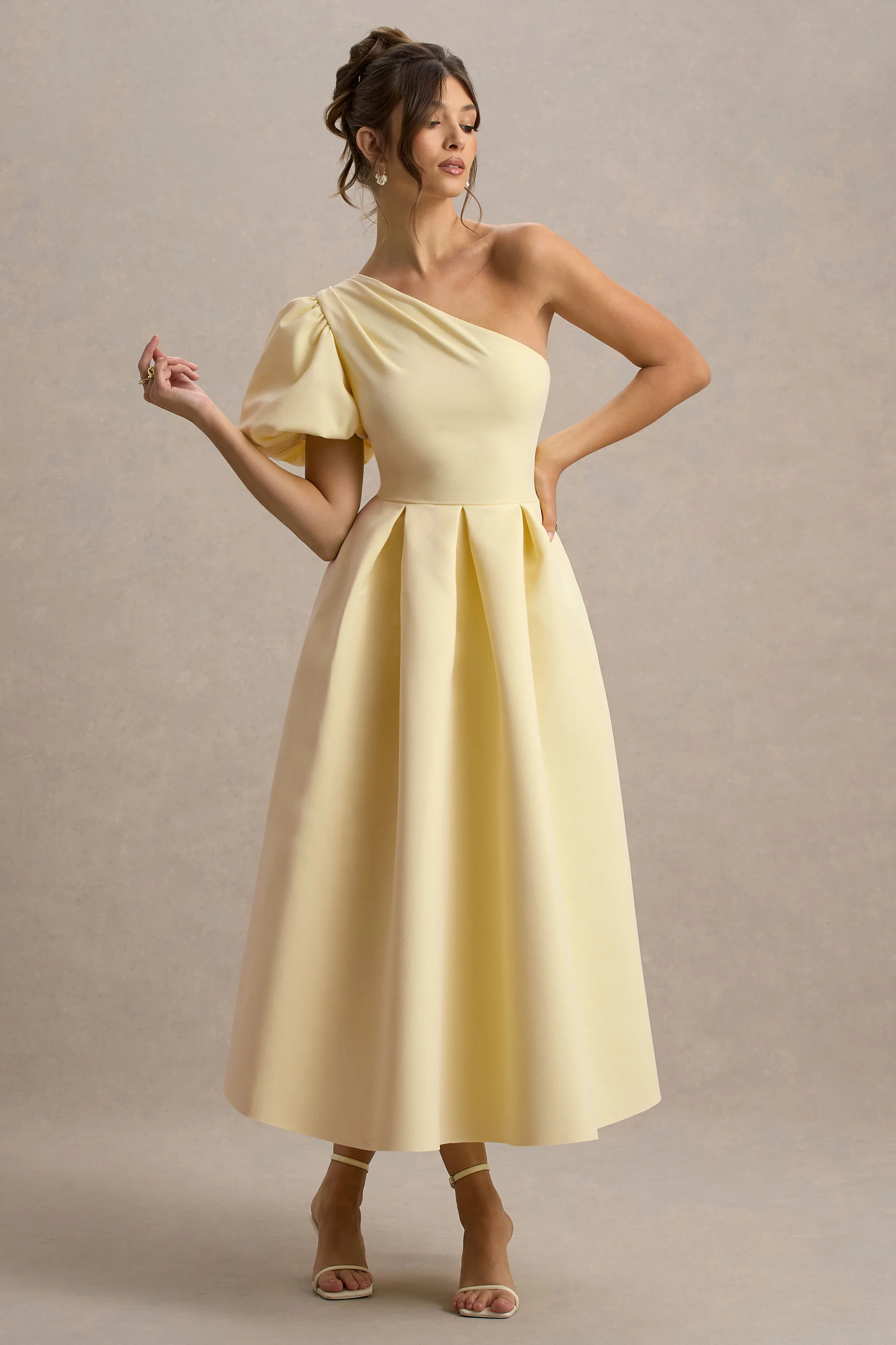 Rochelle | Pale Lemon Asymmetric Puff-Sleeve Midi Dress