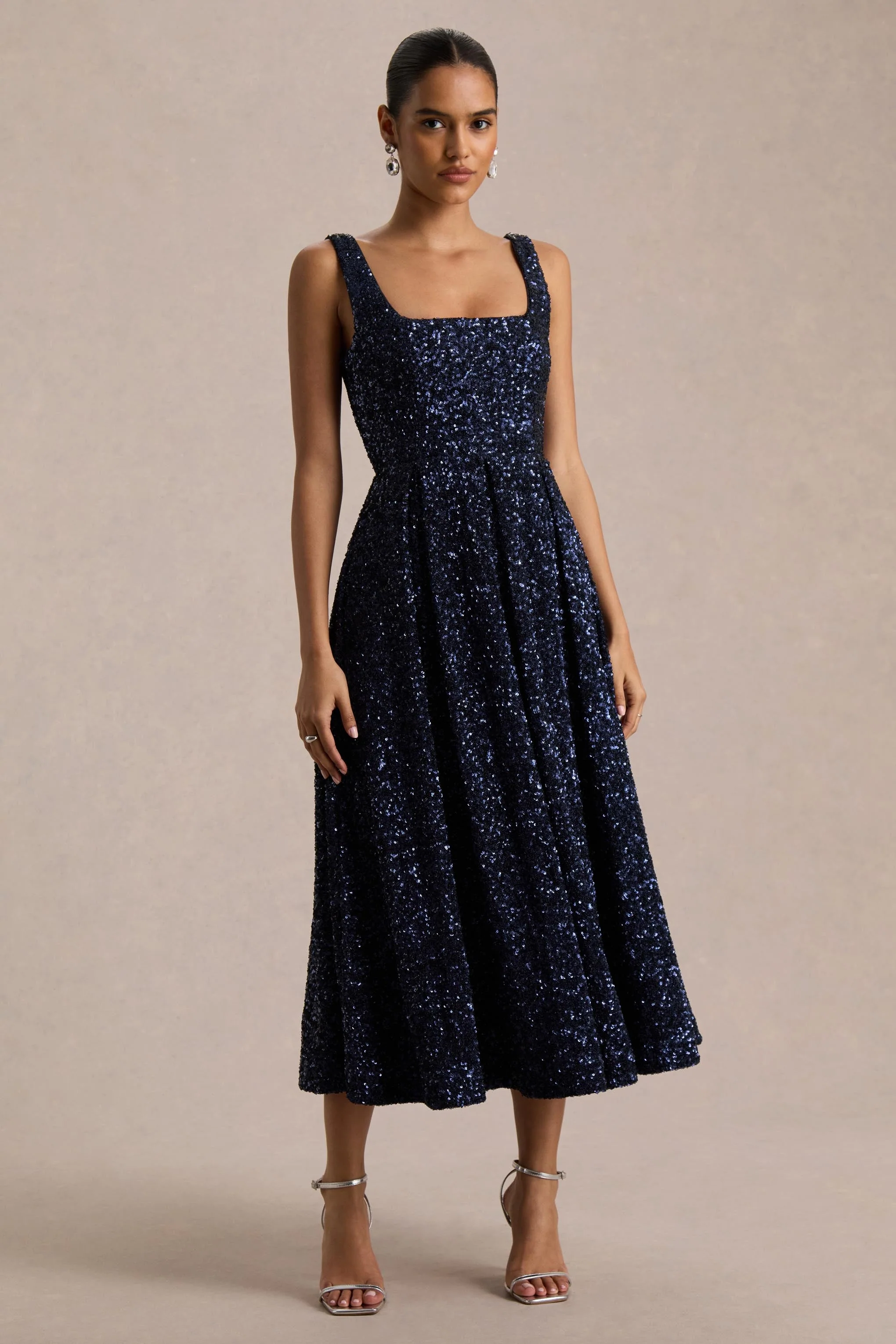 Lima | Navy Sequin Square-Neck A-Line Midi Dress