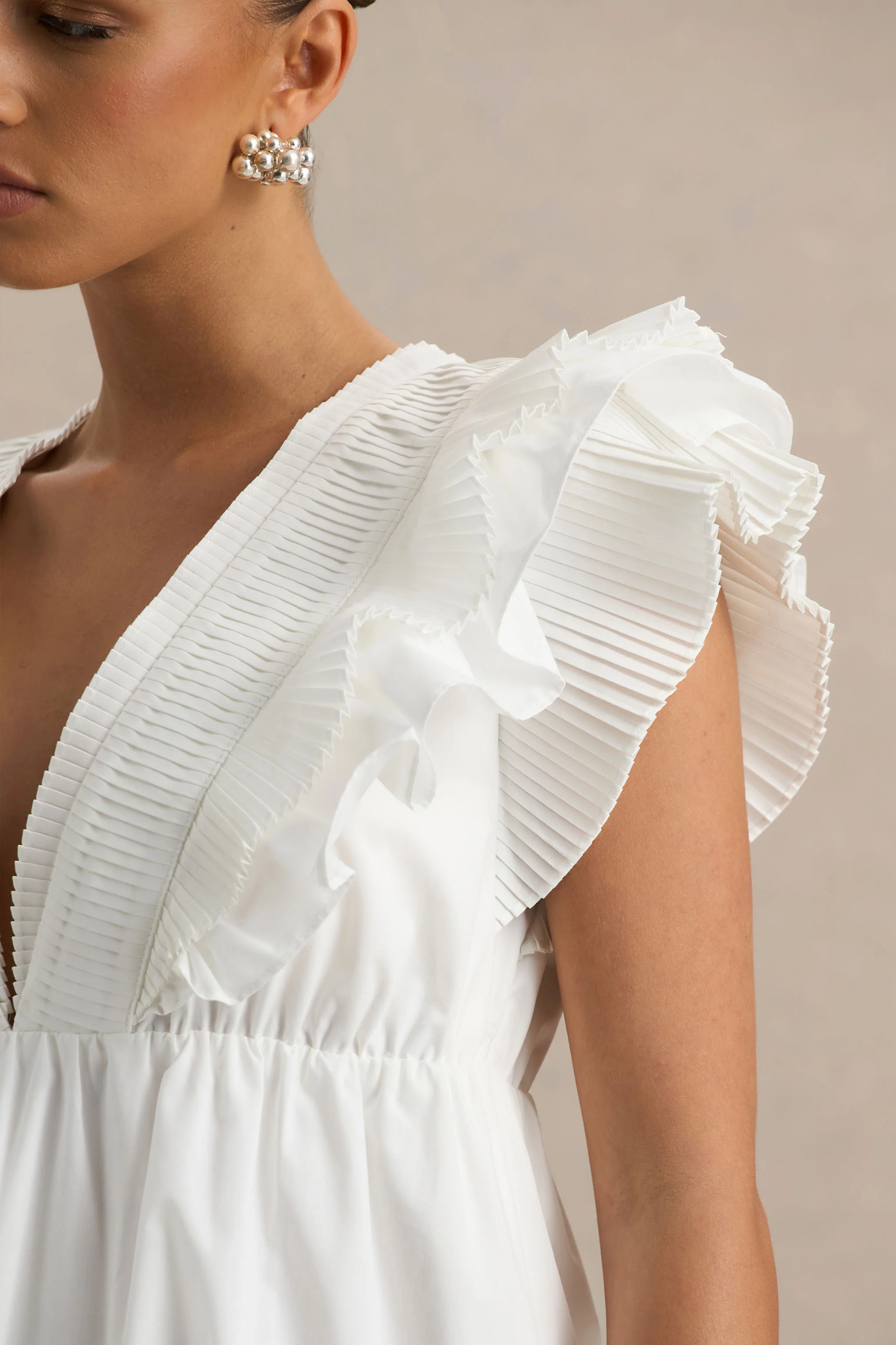 Judie | White Poplin V-Neck Ruffled Mini Dress