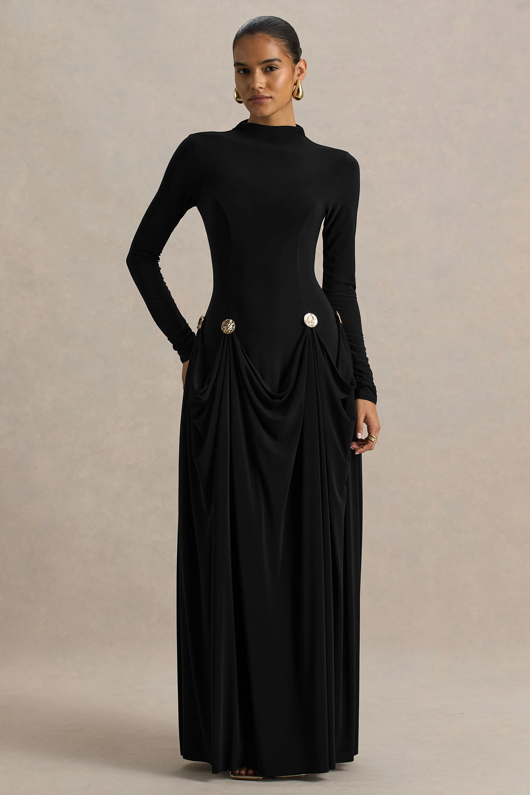 Caprice | Black High-Neck Maxi Dress With Embellished Details