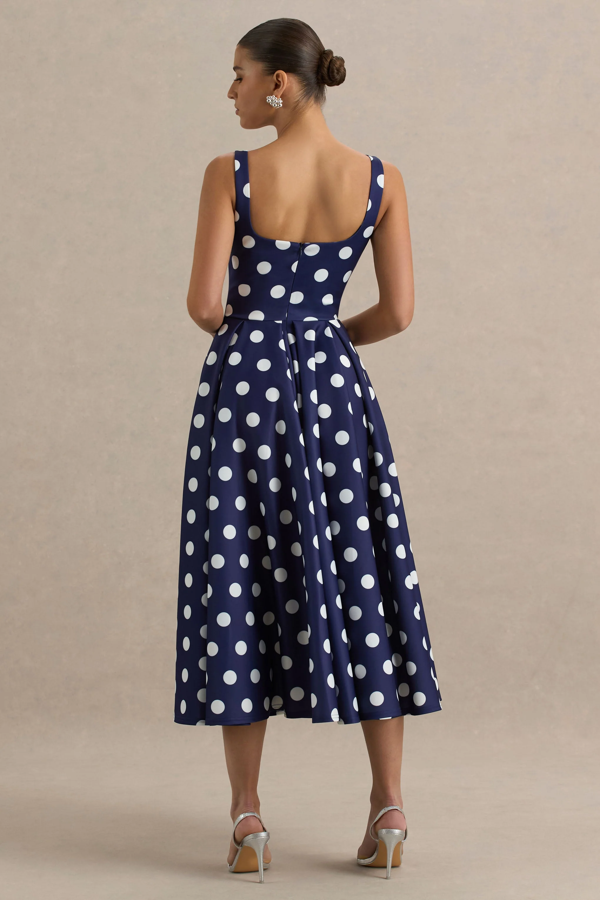 Berta | Navy And White Polka-Dot Square-Neck Midi Dress
