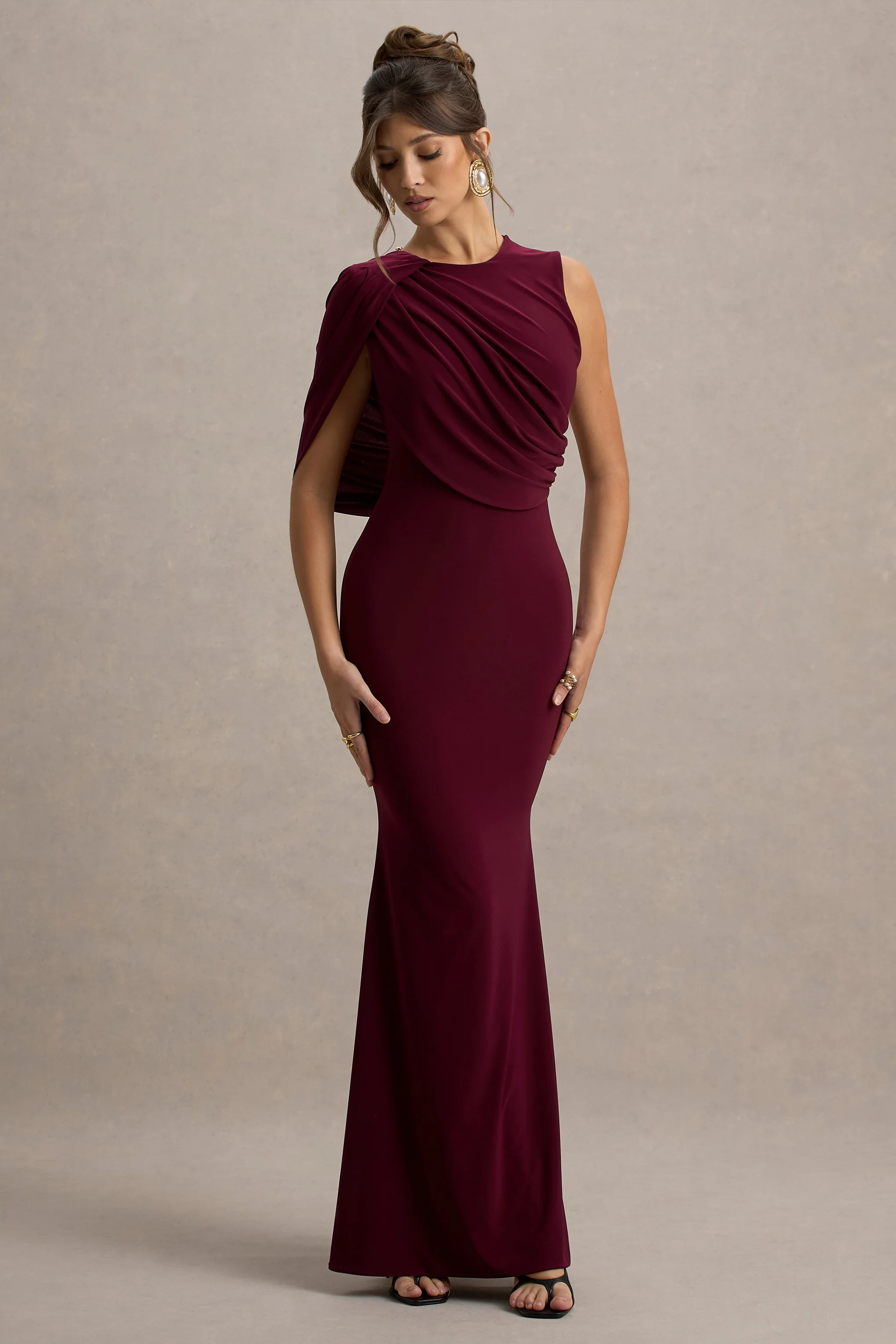 Rae | Burgundy Maxi Dress With One-Sleeve Cape