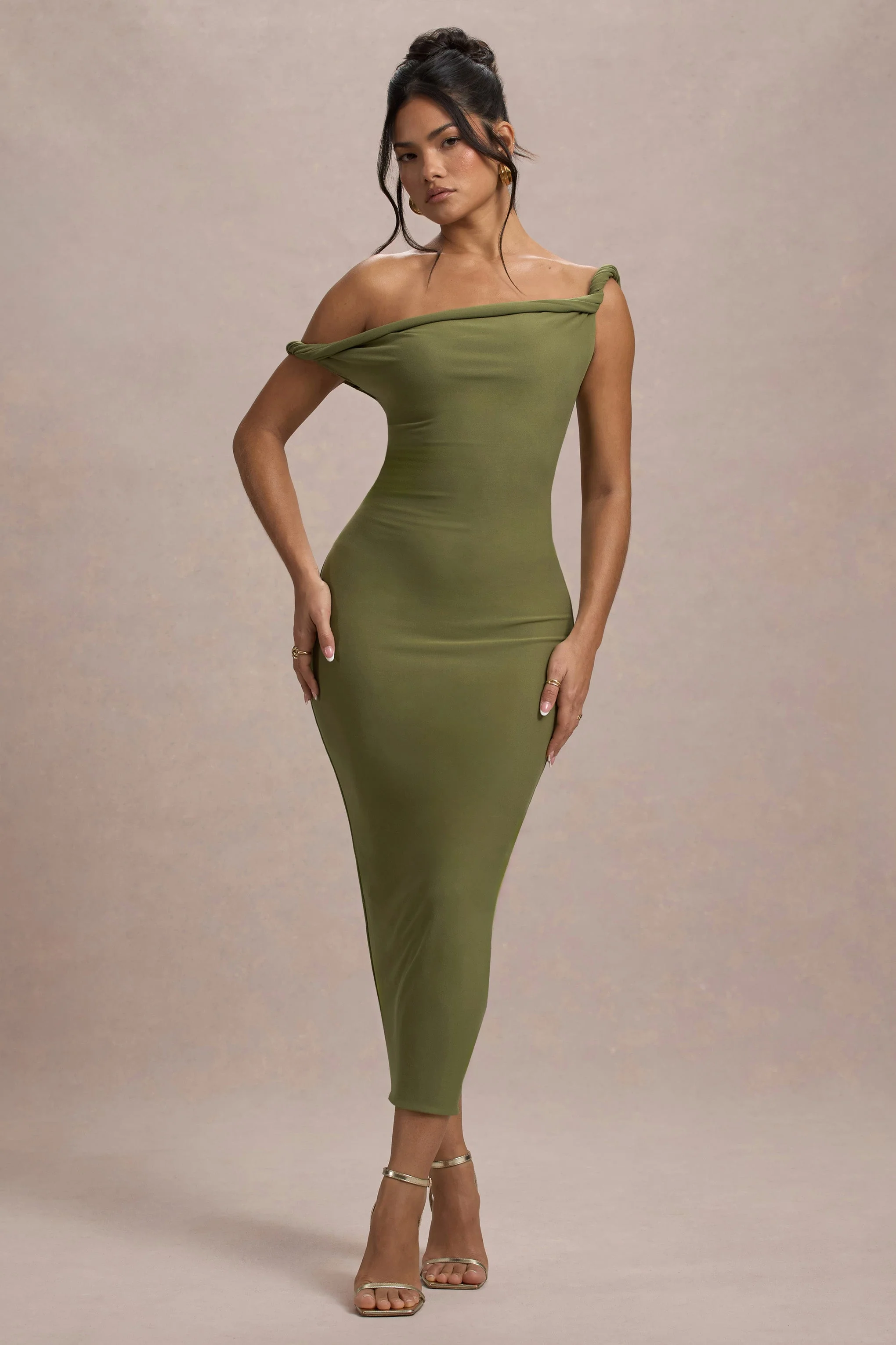 Salome | Olive Twisted Asymmetric Midi Dress