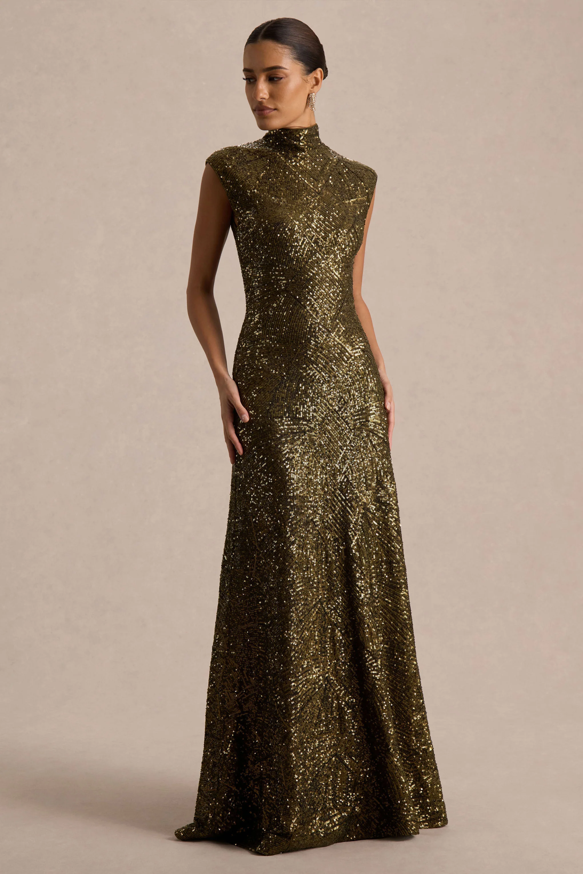 Cecy | Khaki Sequin High-Neck Maxi Dress With Cap Sleeves