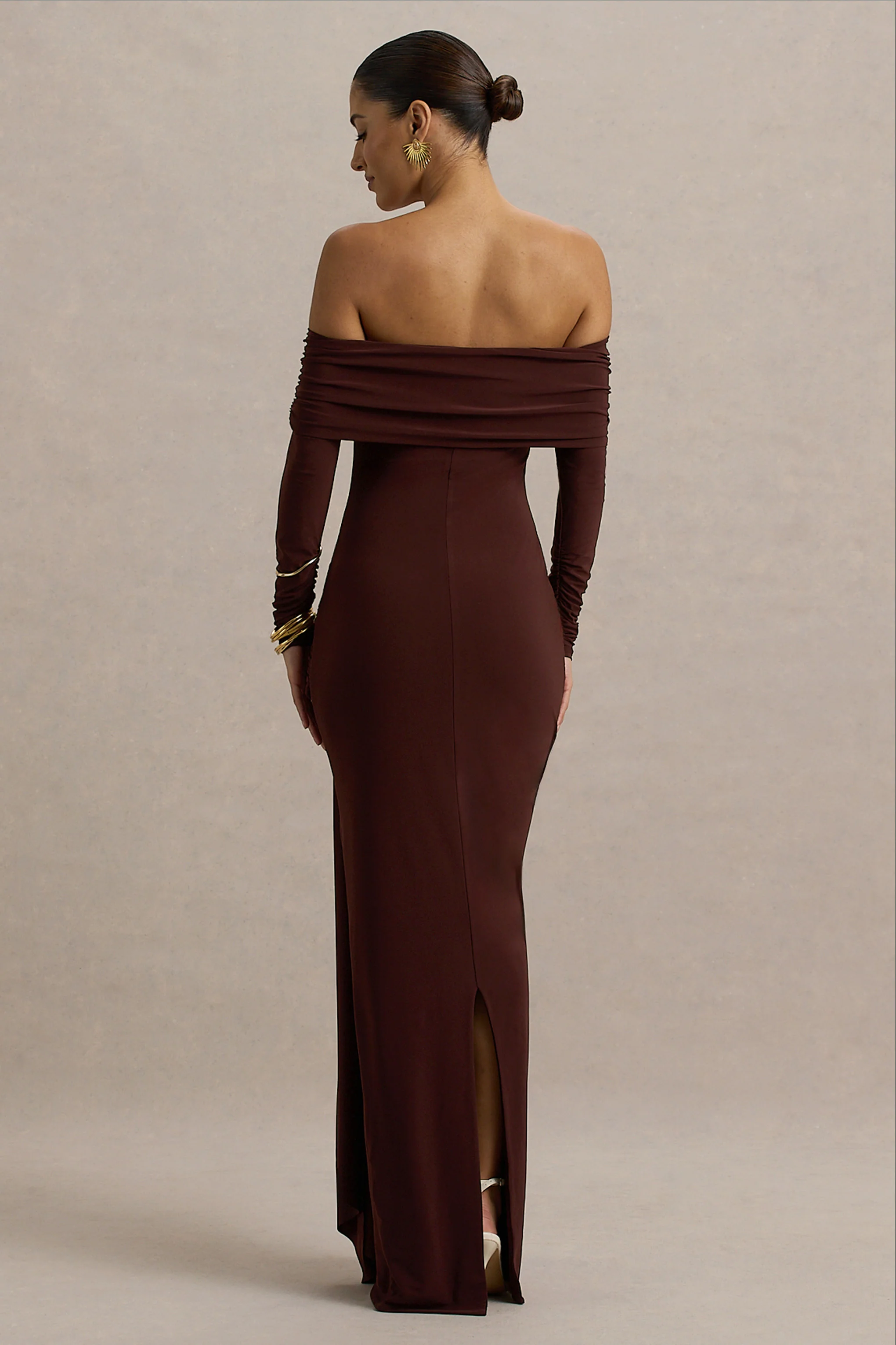 Jovie | Brown Bardot Wrap Maxi Dress With Sash Detail