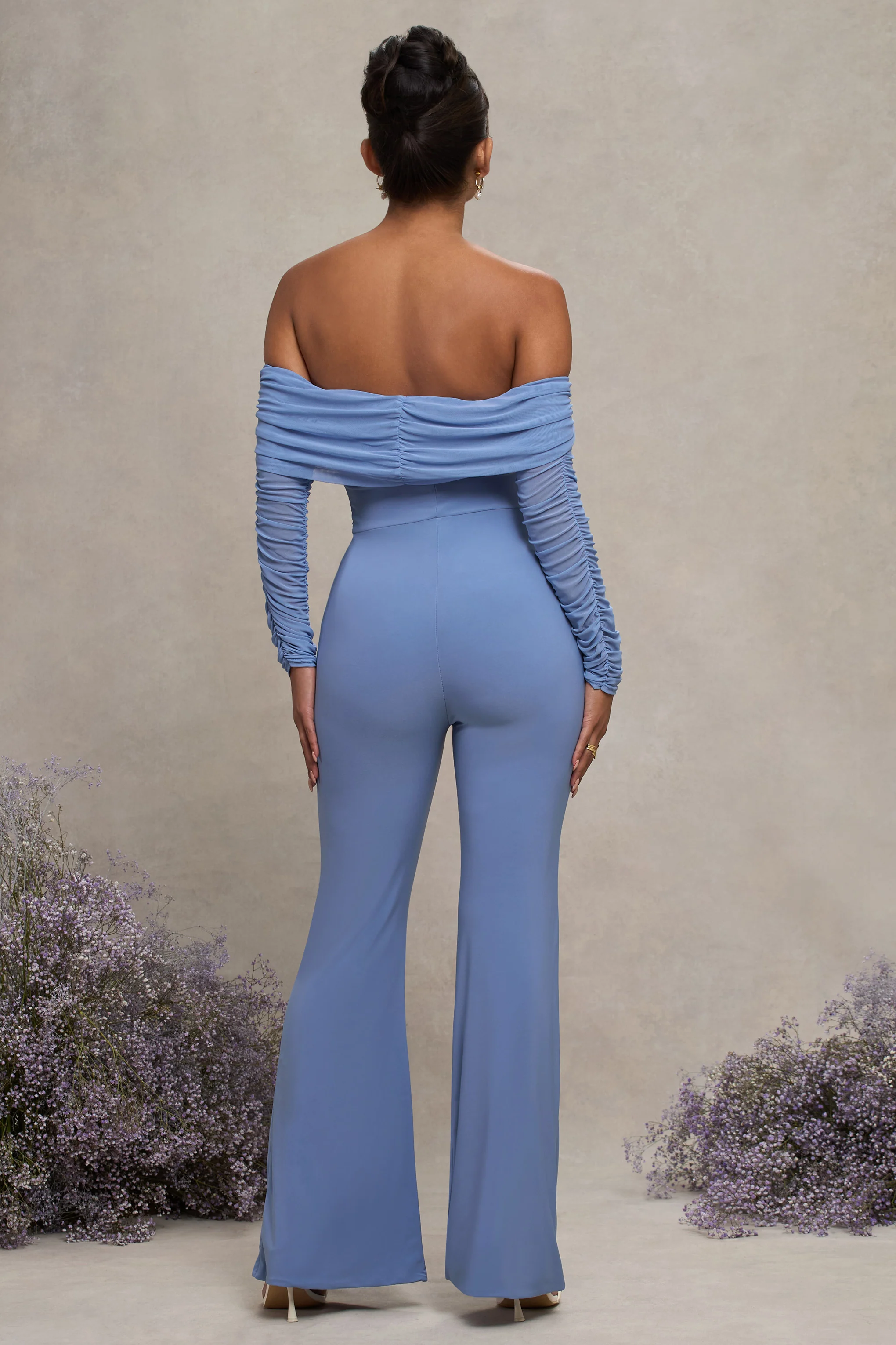Count Down | Powder Blue Maternity Ruched Mesh Bardot Jumpsuit