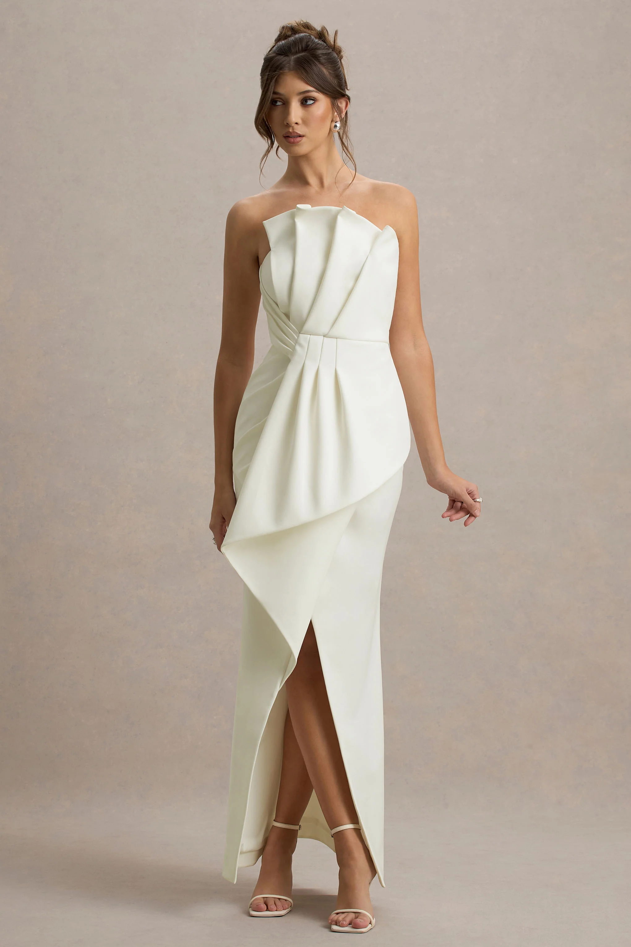 Dreamy Whispers | Cream Strapless Ruffle Split Maxi Dress