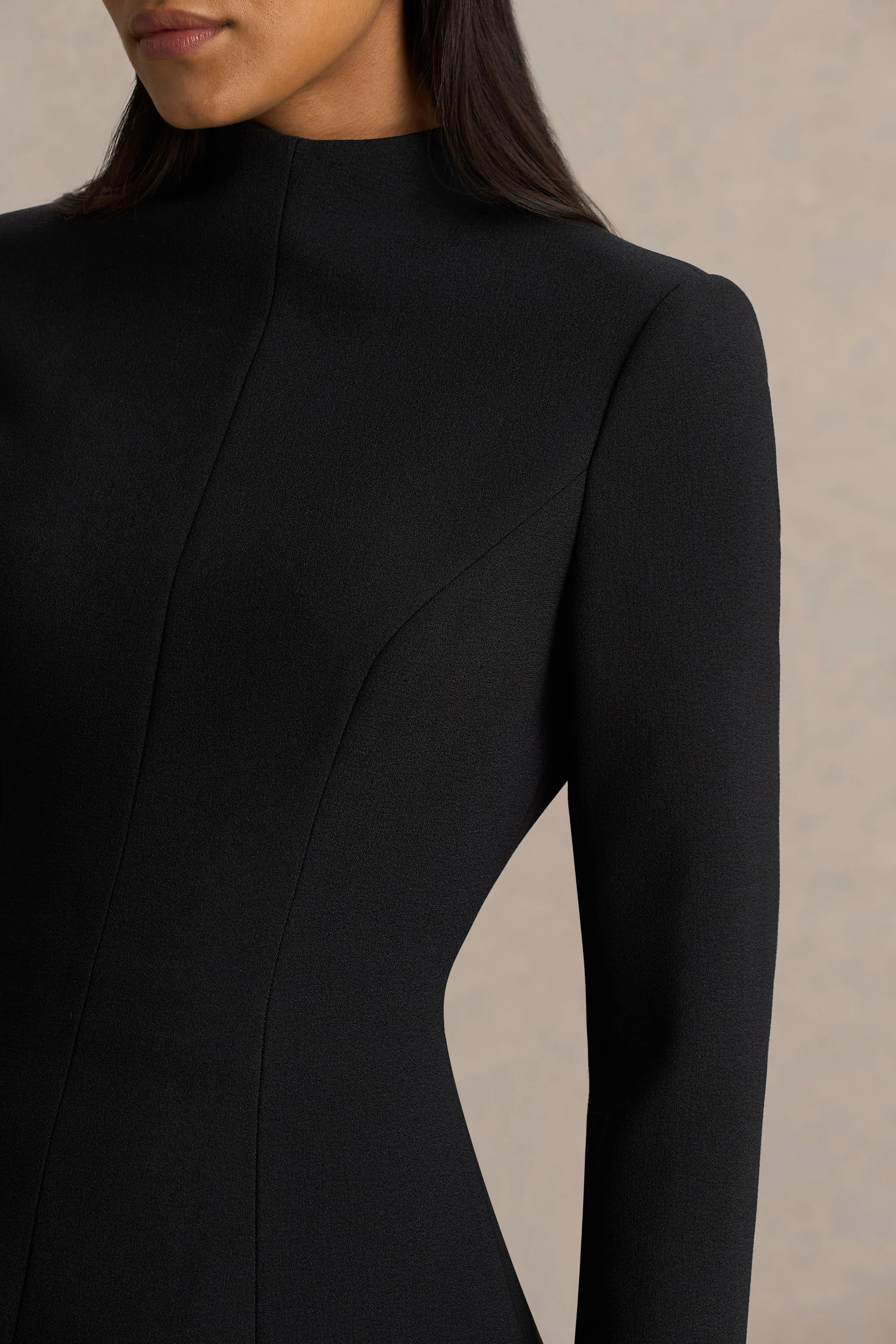 Pepita | Black High-Neck Tailored Maxi Dress With Drop-Waist And Satin Skirt