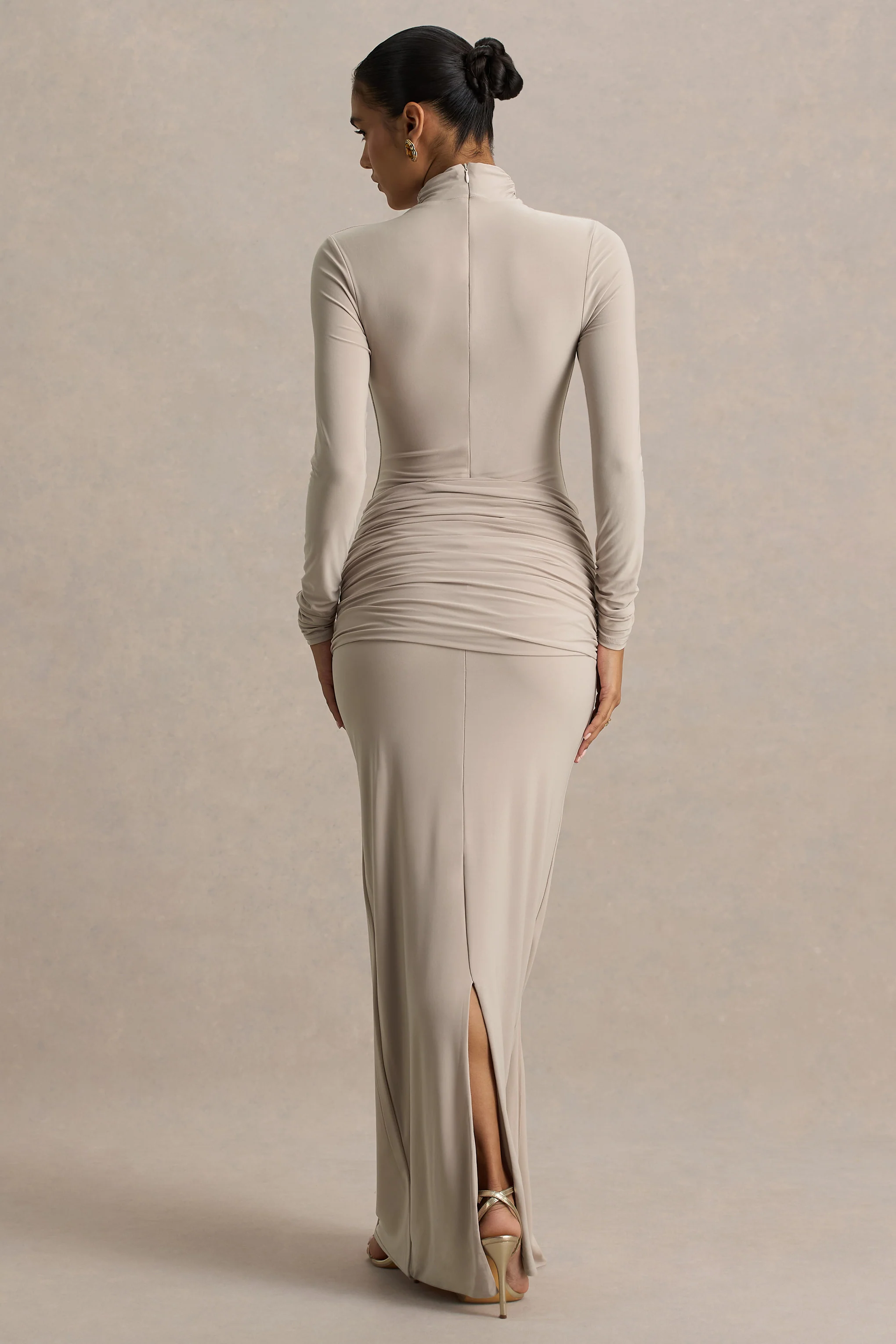 Myra | Champagne High-Neck Maxi Dress With Sash and Ruched Detailing