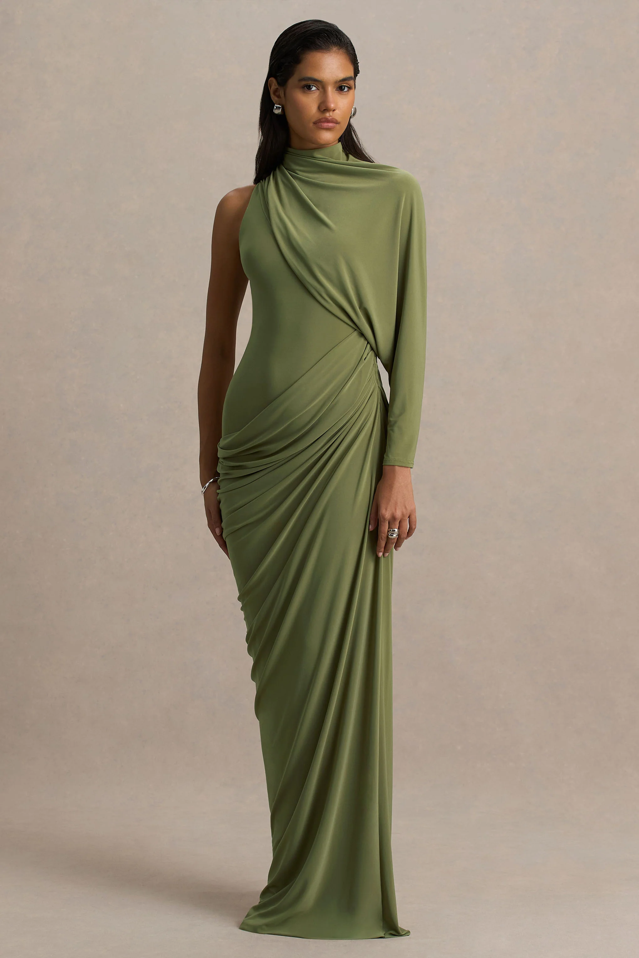 Aphra | Green High-Neck Maxi Dress With Cape-Sleeve