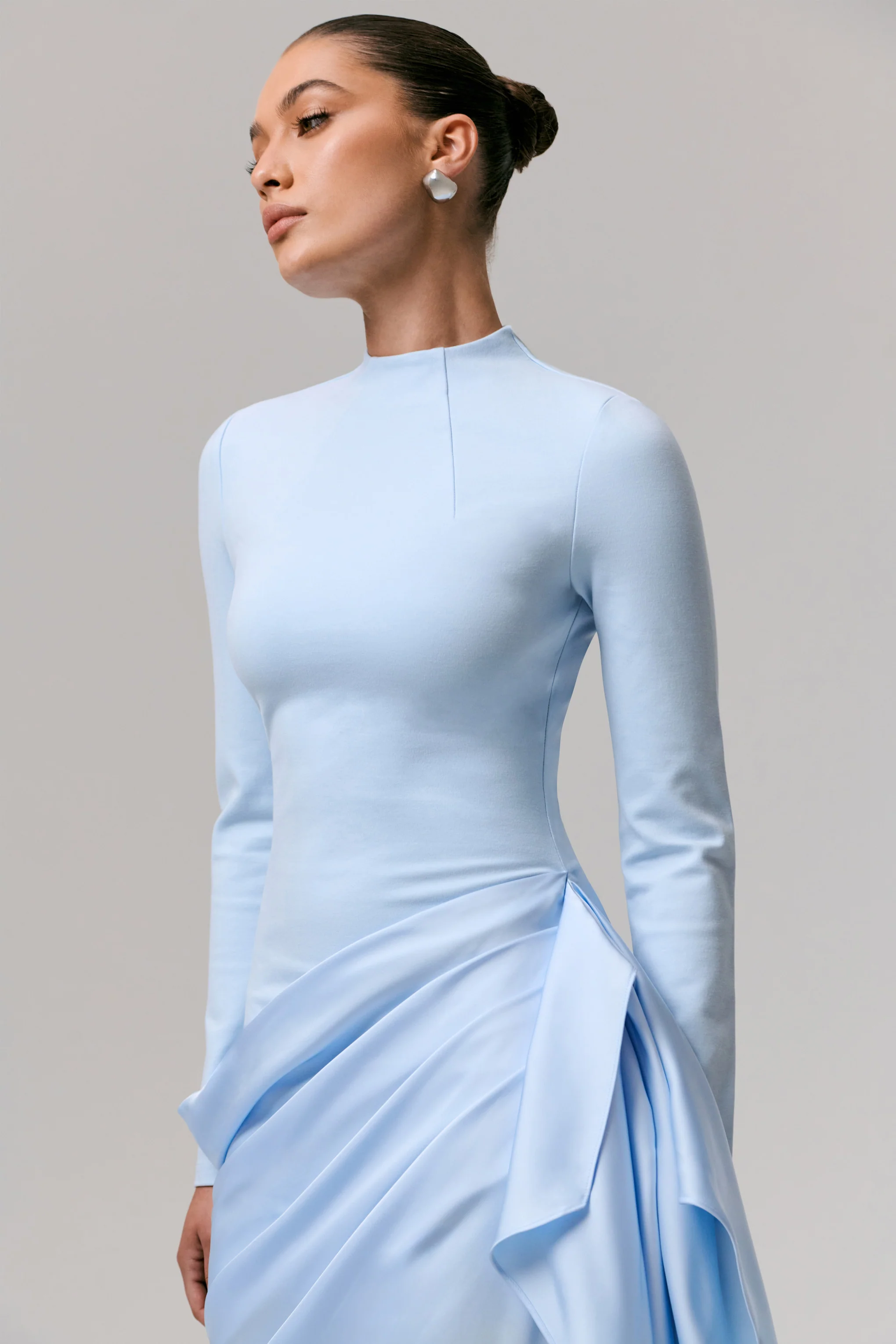 Raffie | Powder Blue Long-Sleeve Midi Dress With Satin Wrap Skirt