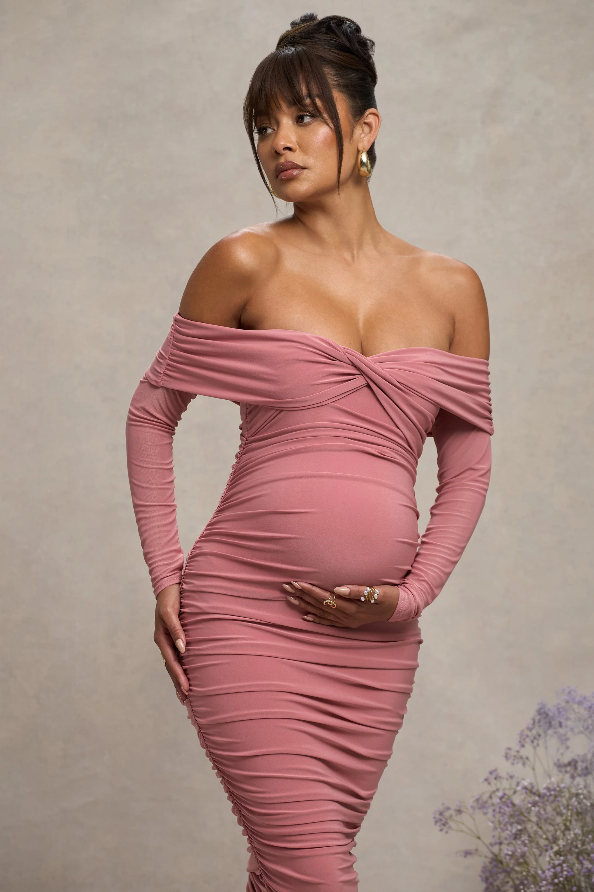 Neva | Blush Bardot Twist Maternity Midi Dress