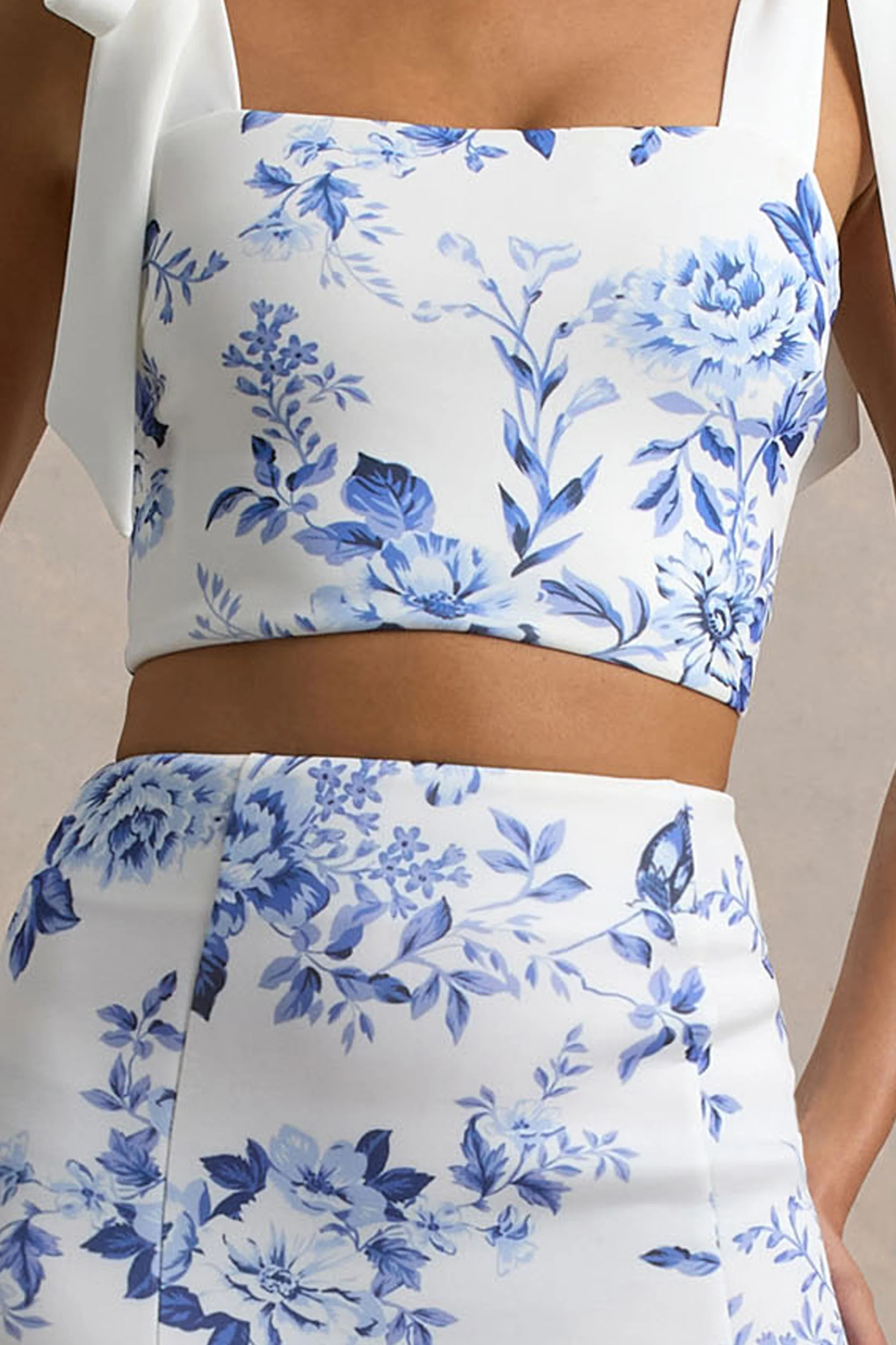 Phoebe | Blue Porcelain Print Crop Top With Tie Straps Tie