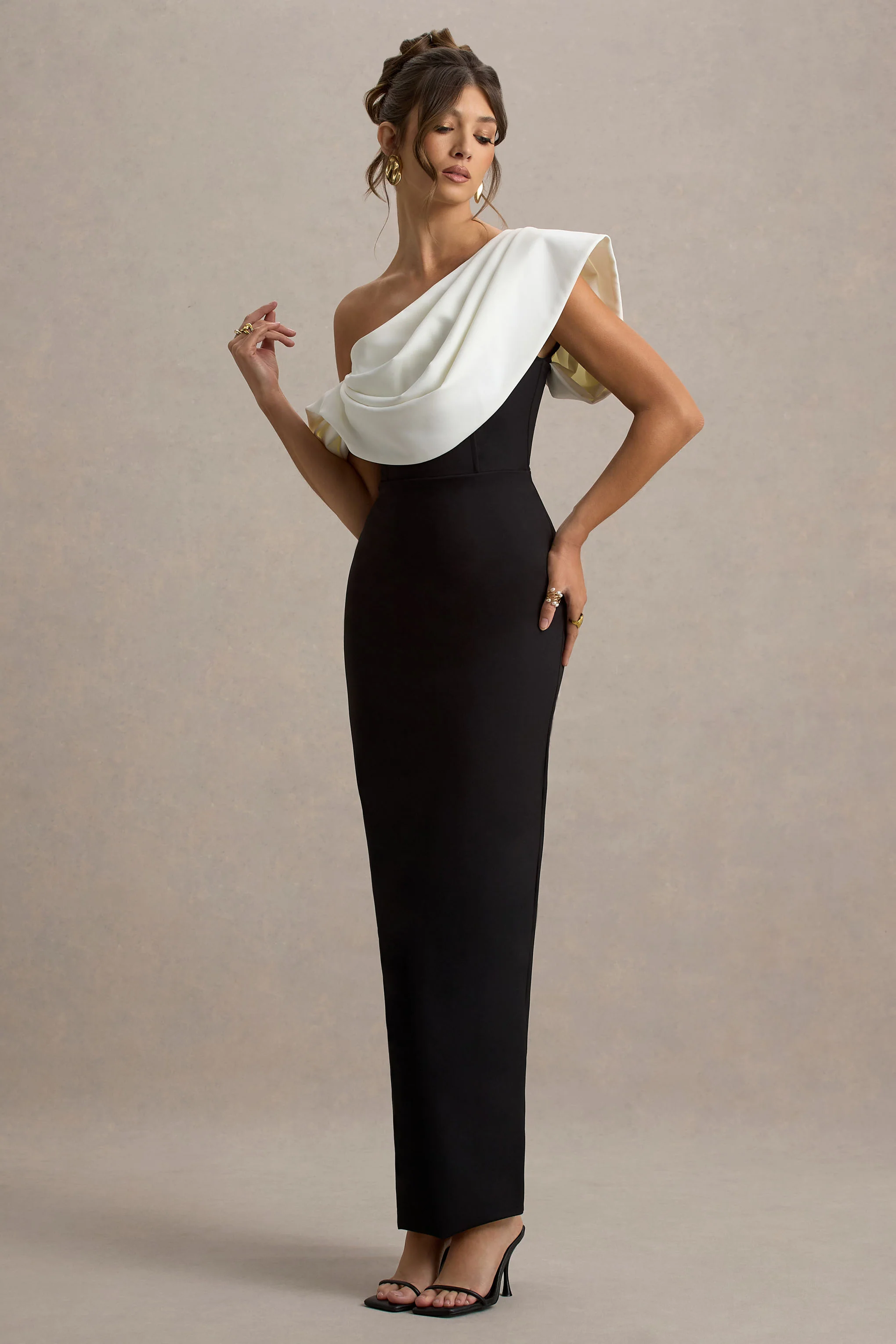 Angelina | Black & White Draped Shoulder Maxi Dress