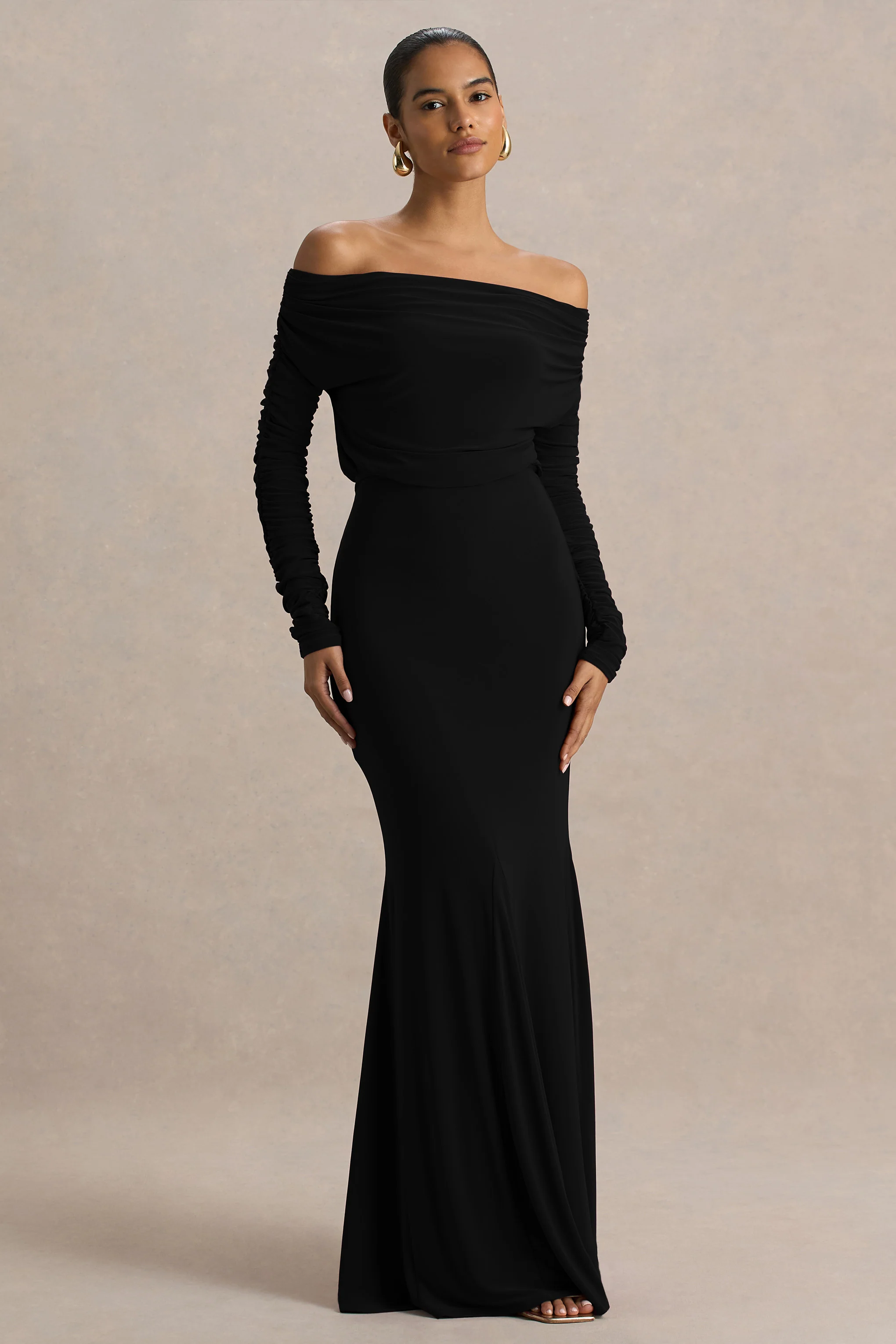 Cilla | Black Bardot-Neck Maxi Dress With Ruched Detailing