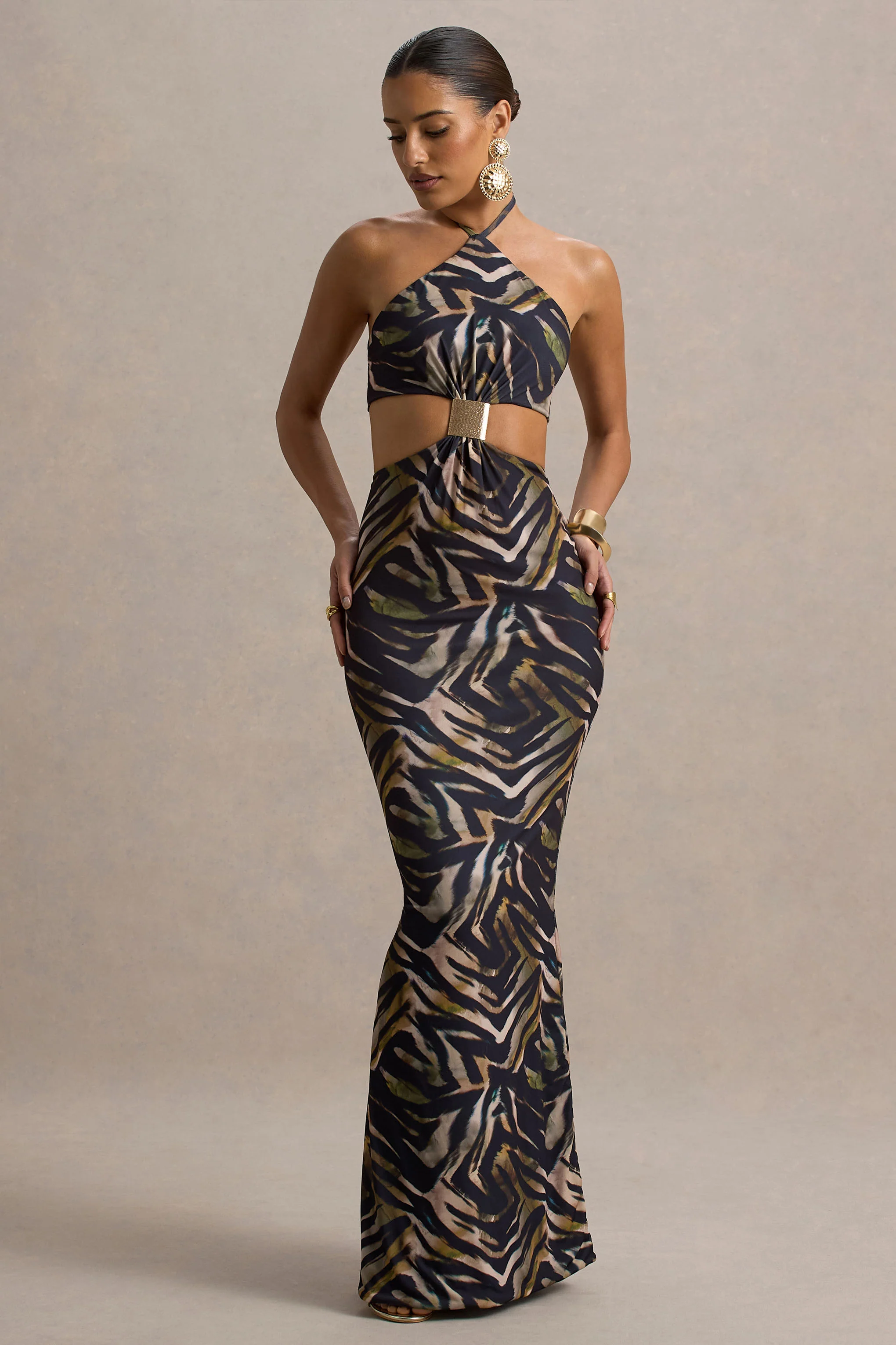 Olina | Zebra Print Halter-Neck Cut-Out Maxi Dress