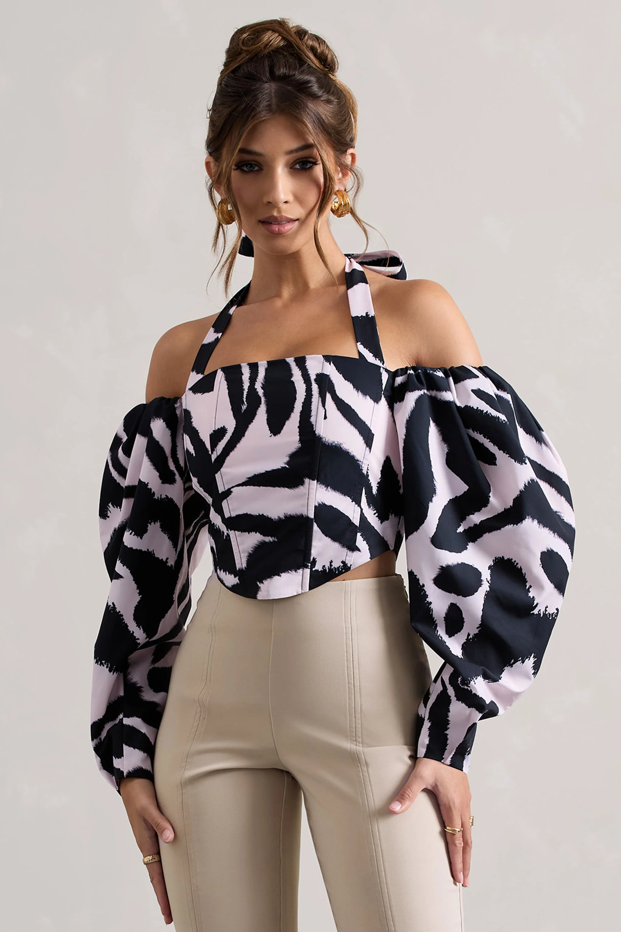 Theatric | Zebra Print Halter-Neck Corset Top With Puff-Sleeves