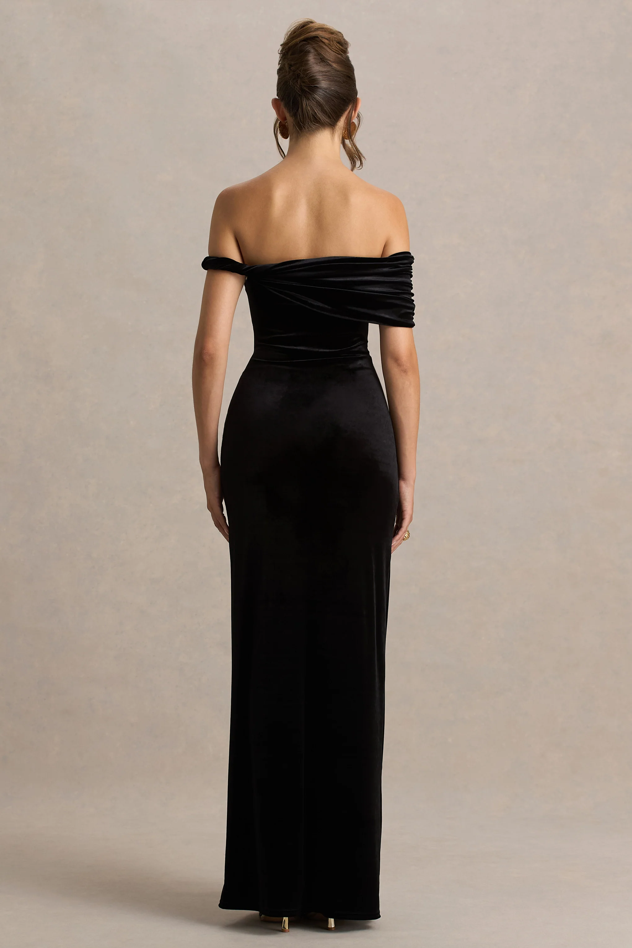 Poised | Black Velvet Bardot-Neck Maxi Dress With Twist-Sleeve