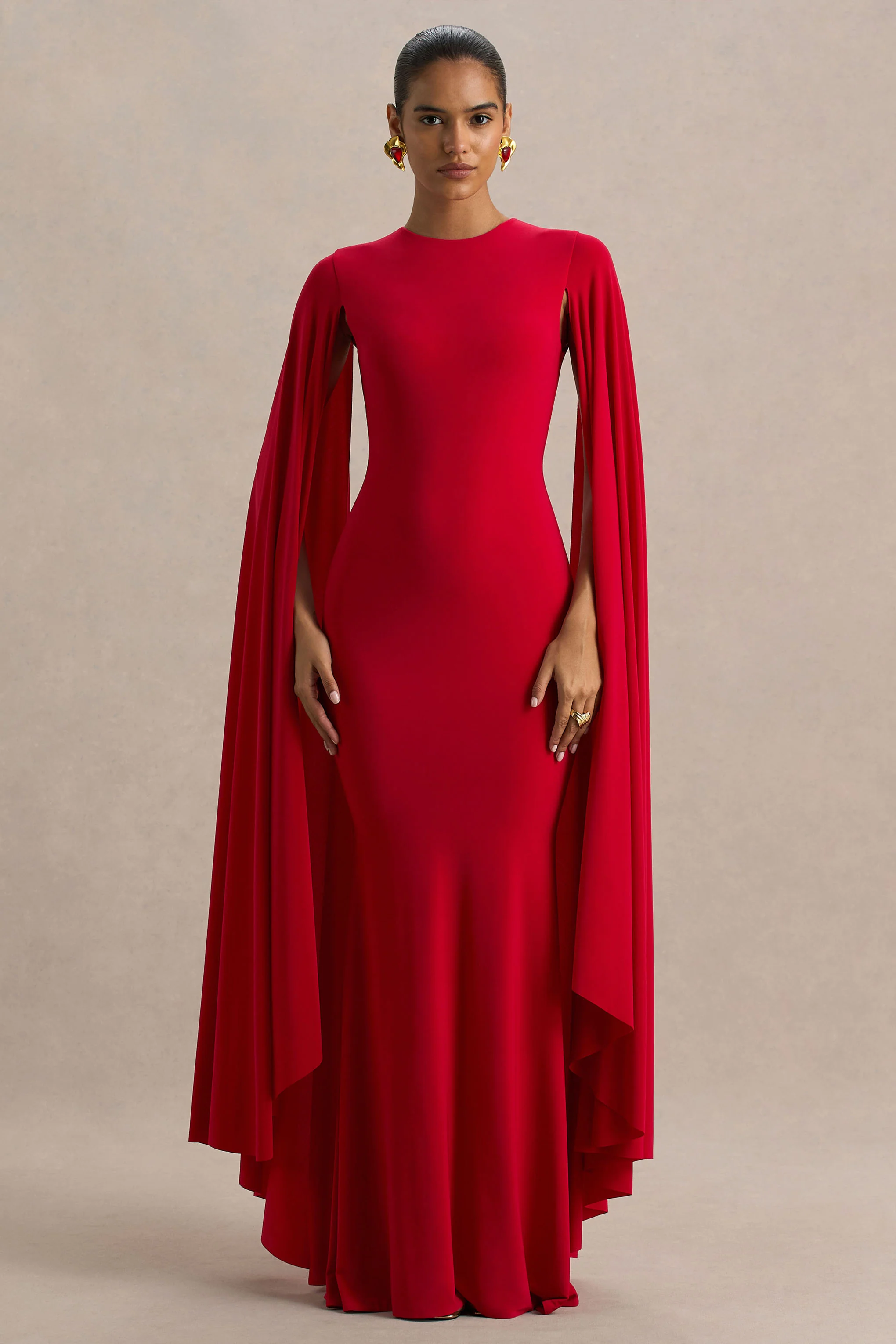 Briony | Red Crew-Neck Maxi Dress With Cape Sleeves