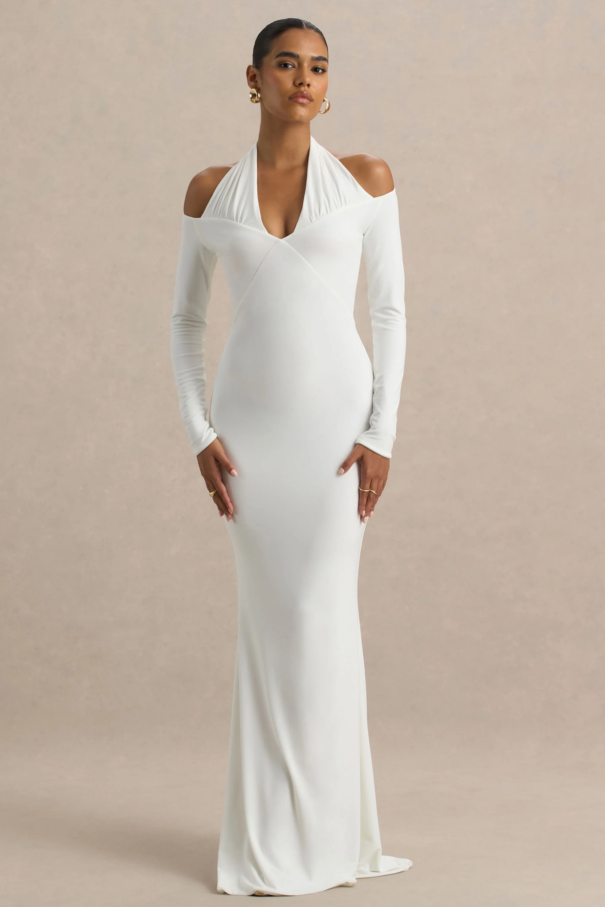 Living High | White Halter-Neck Maxi Dress With Long Sleeves