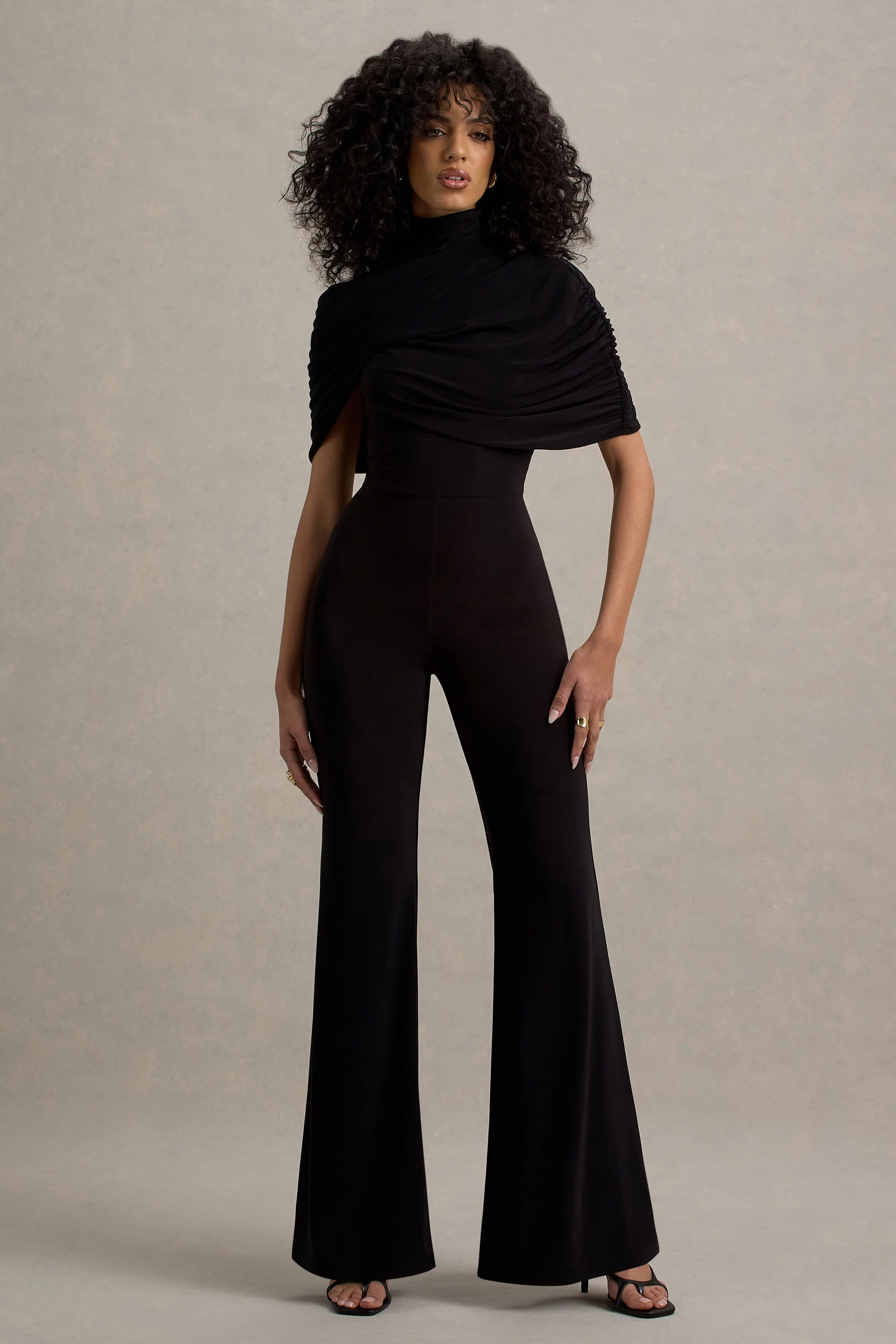 Isoline | Black Twist Cape Flared-Leg Jumpsuit