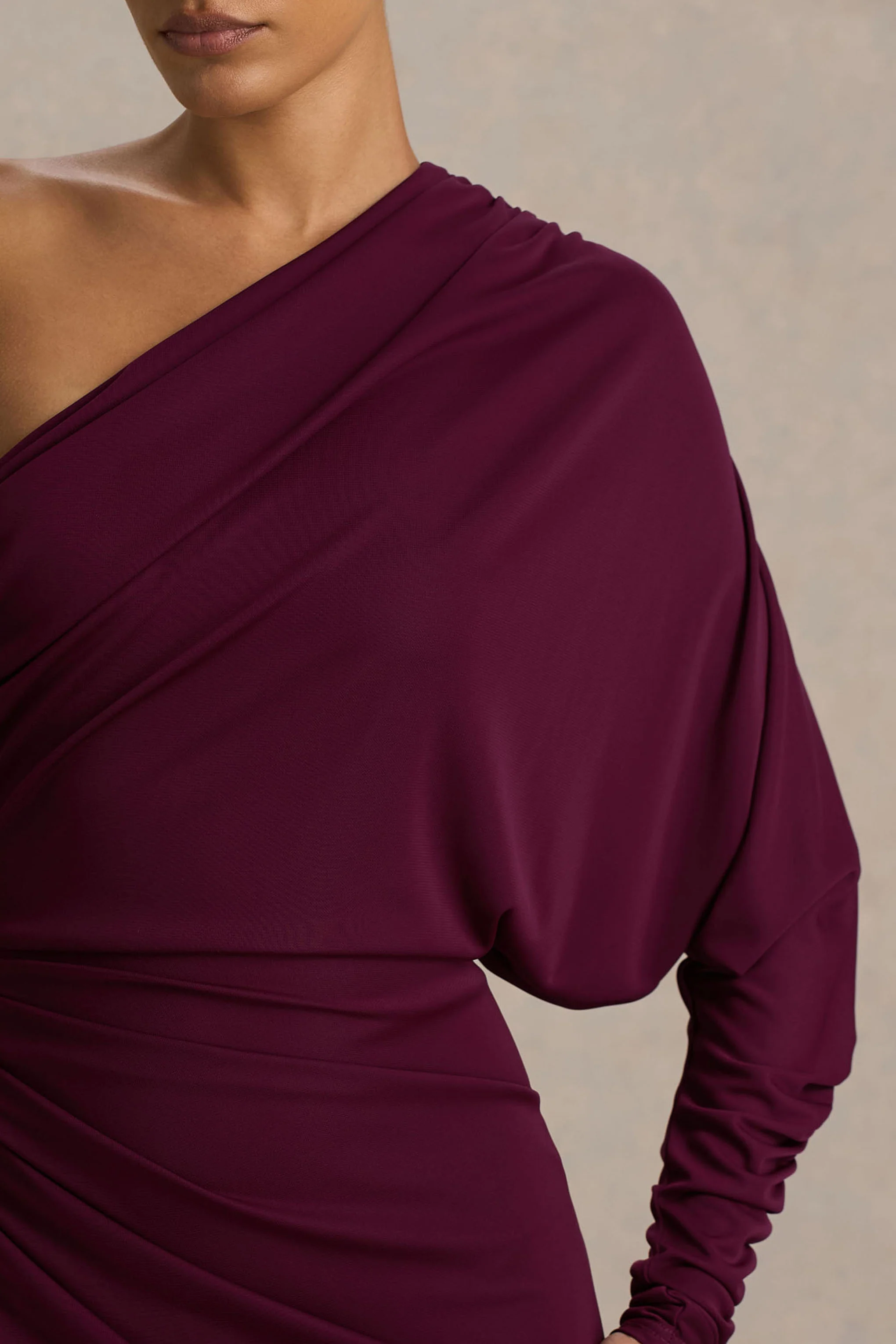 Lola | Burgundy Asymmetric-Neck Maxi Dress With Ruched Detailing And Front High-Split